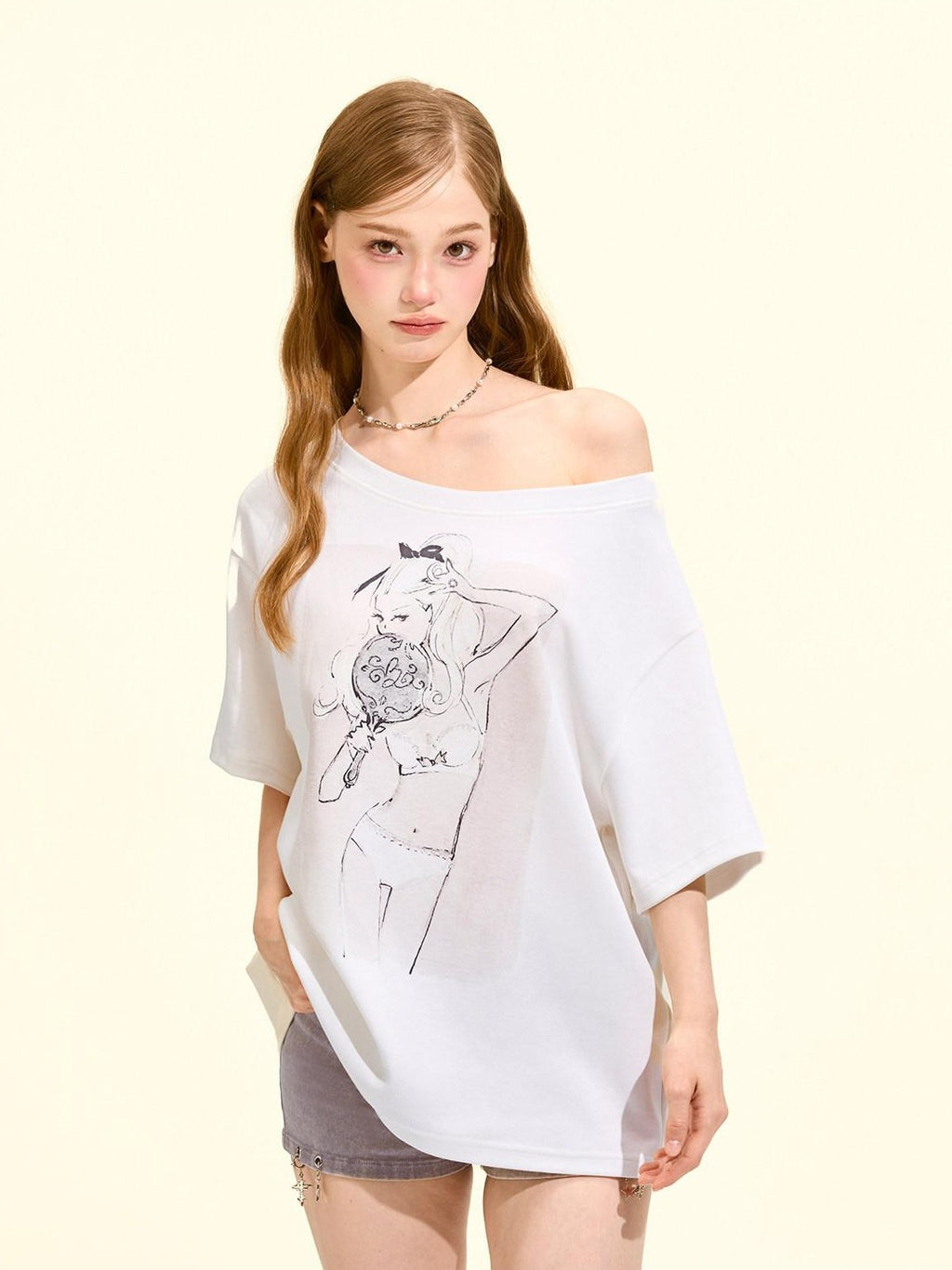 Girly Fancy Club Printed Asymmetric Shoulder Women's Cotton Blend Oversized T-shirts