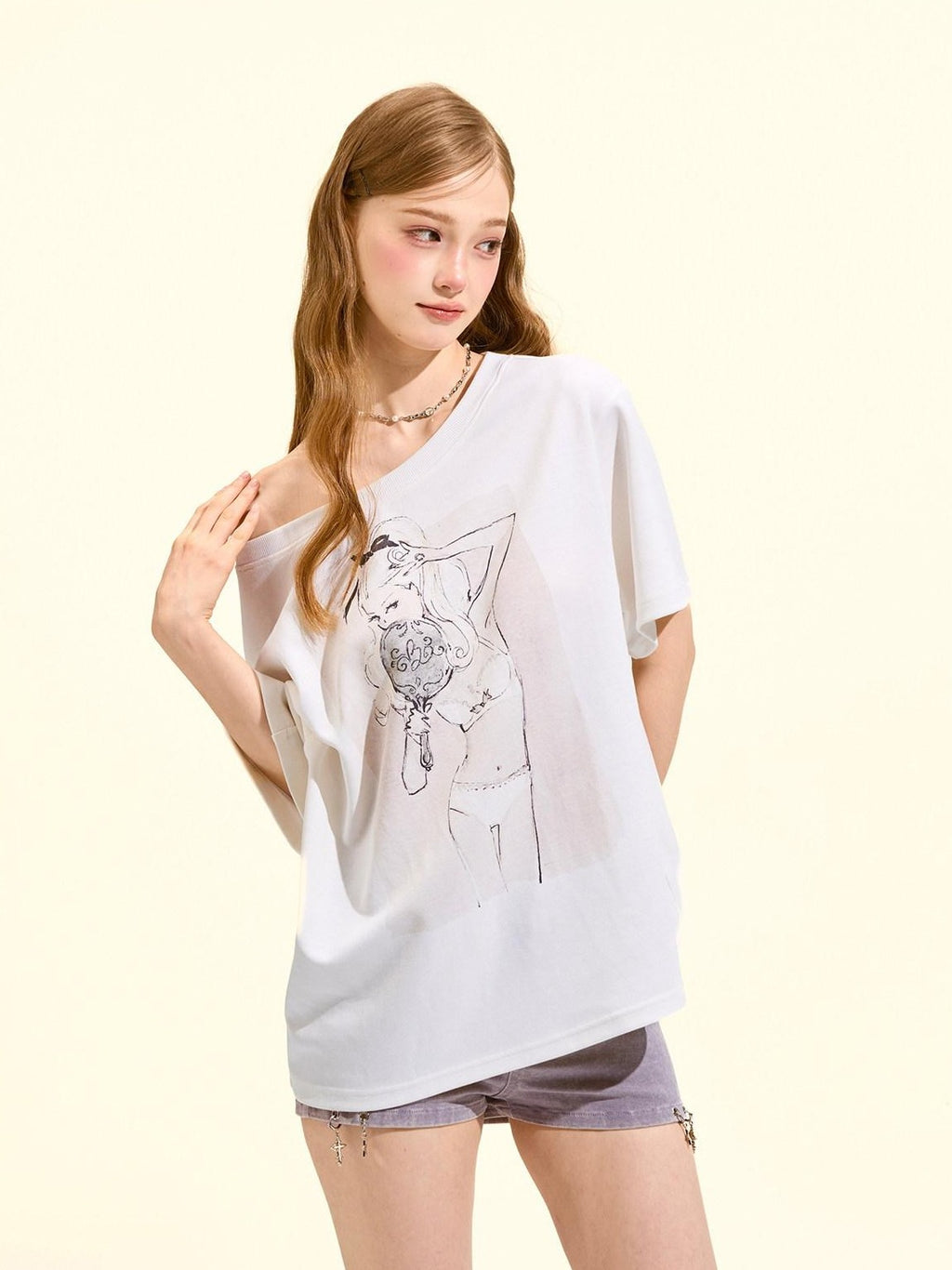 Girly Fancy Club Printed Asymmetric Shoulder Women's Cotton Blend Oversized T-shirts