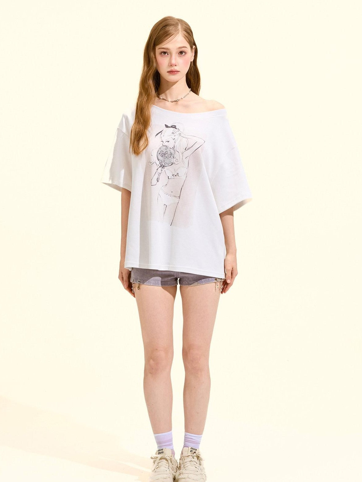 Girly Fancy Club Printed Asymmetric Shoulder Women's Cotton Blend Oversized T-shirts
