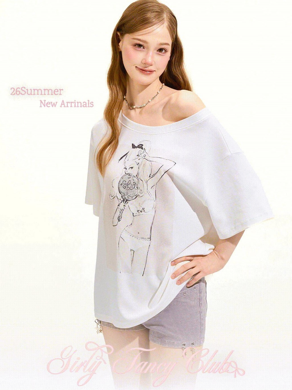 Girly Fancy Club Printed Asymmetric Shoulder Women's Cotton Blend Oversized T-shirts