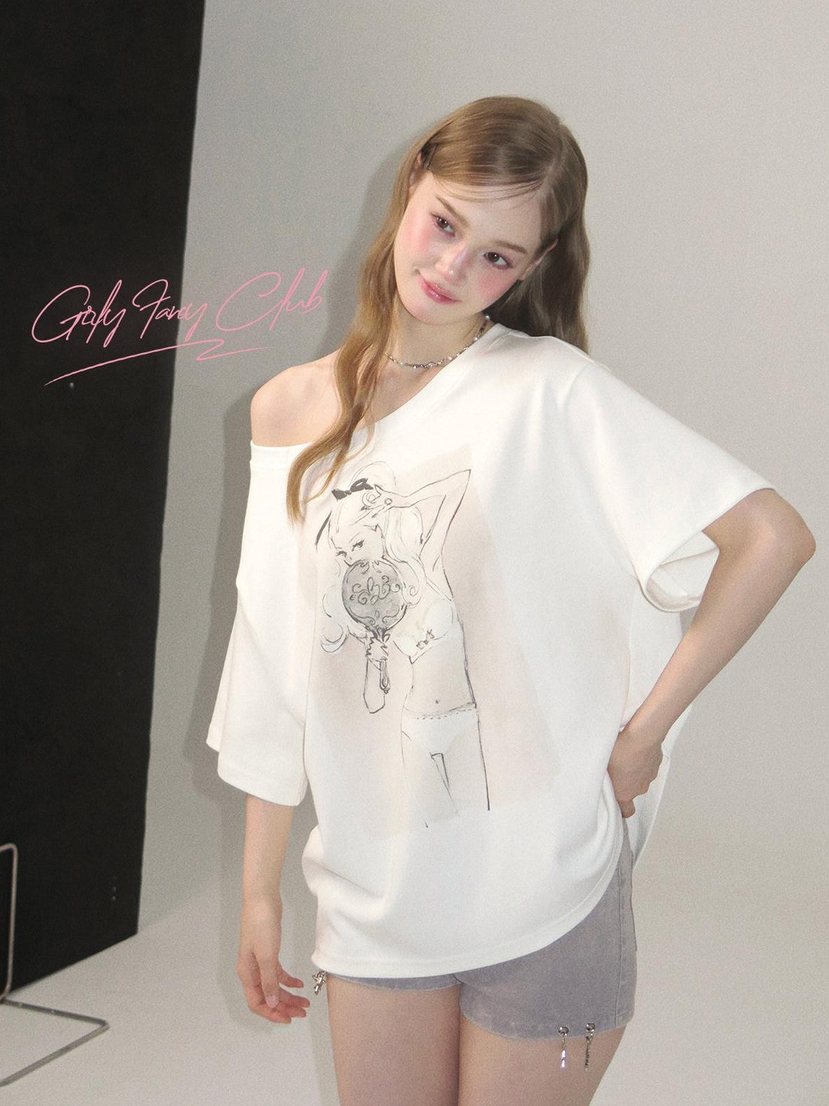 Girly Fancy Club Printed Asymmetric Shoulder Women's Cotton Blend Oversized T-shirts