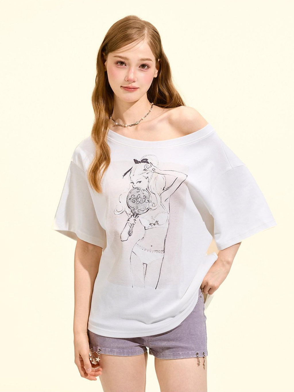 Girly Fancy Club Printed Asymmetric Shoulder Women's Cotton Blend Oversized T-shirts