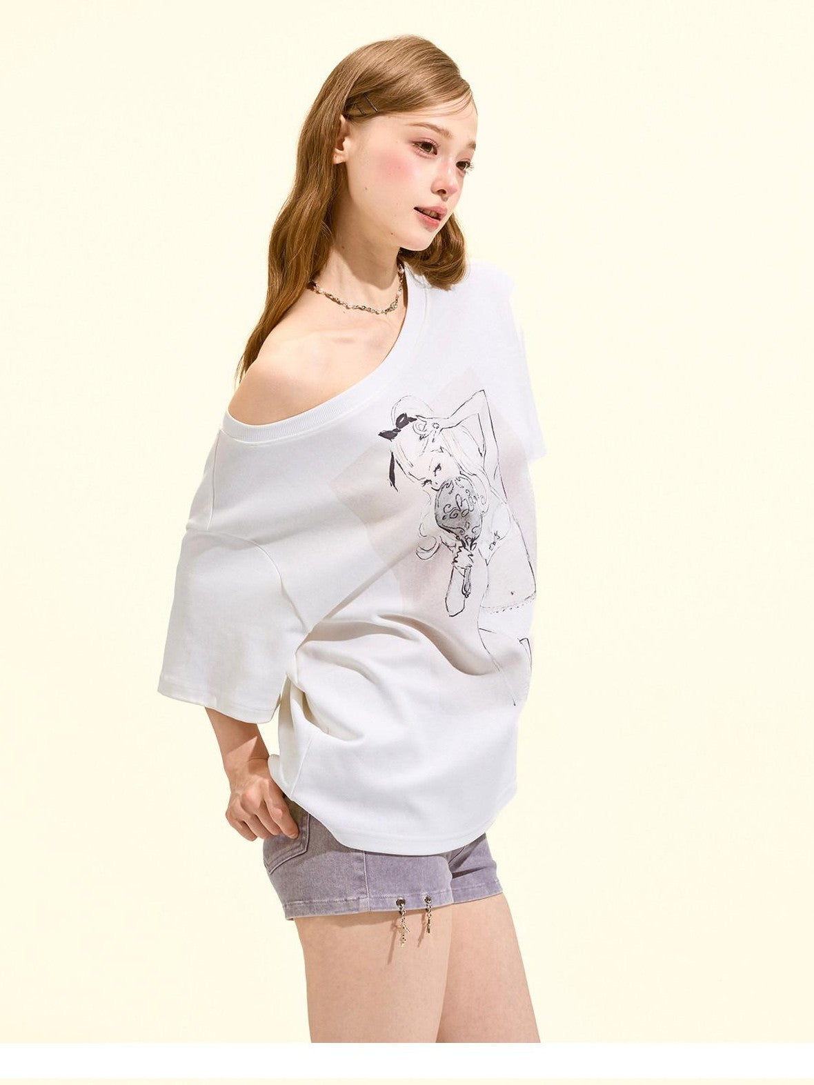 Girly Fancy Club Printed Asymmetric Shoulder Women's Cotton Blend Oversized T-shirts