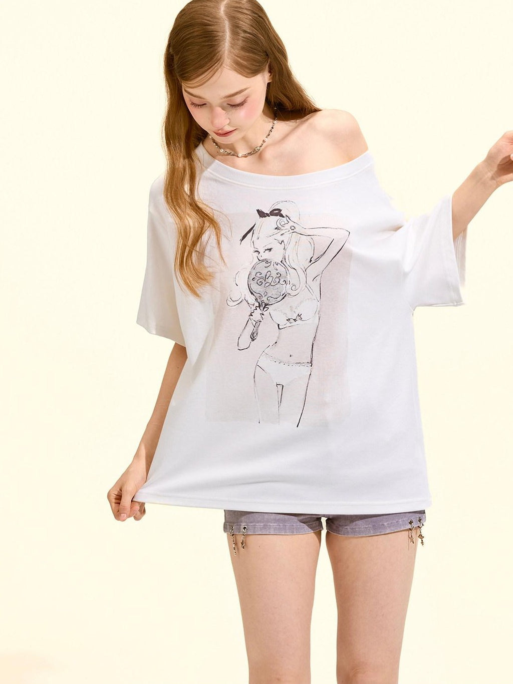 Girly Fancy Club Printed Asymmetric Shoulder Women's Cotton Blend Oversized T-shirts
