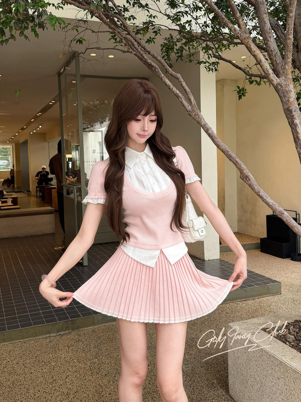 Girly Fancy Club Puff Sleeve Contrast Pleated Women's Knit Matching Skirt Sets