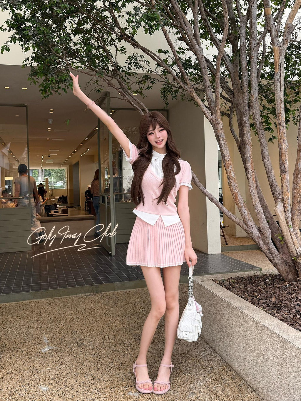 Girly Fancy Club Puff Sleeve Contrast Pleated Women's Knit Matching Skirt Sets
