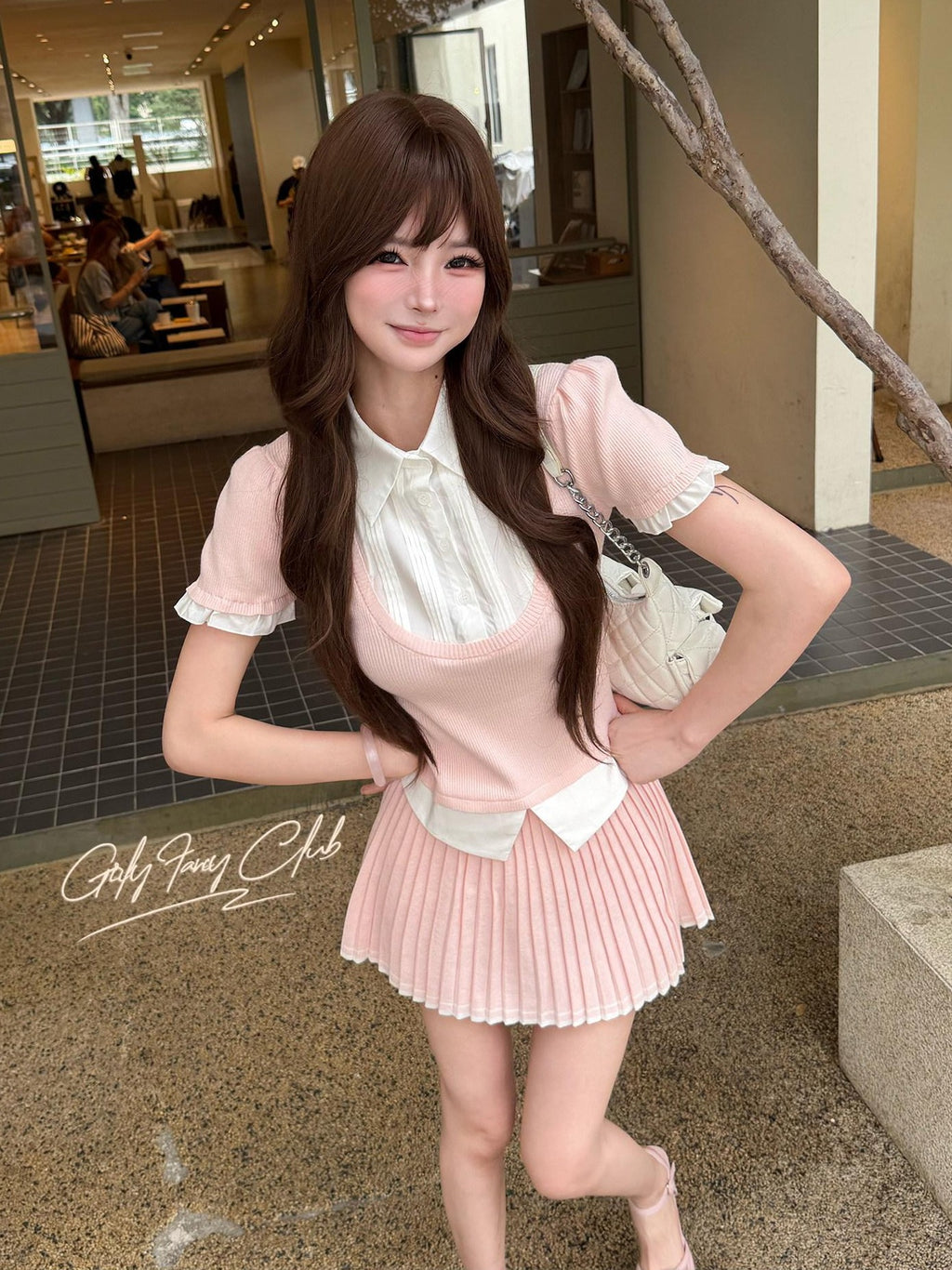 Girly Fancy Club Puff Sleeve Contrast Pleated Women's Knit Matching Skirt Sets