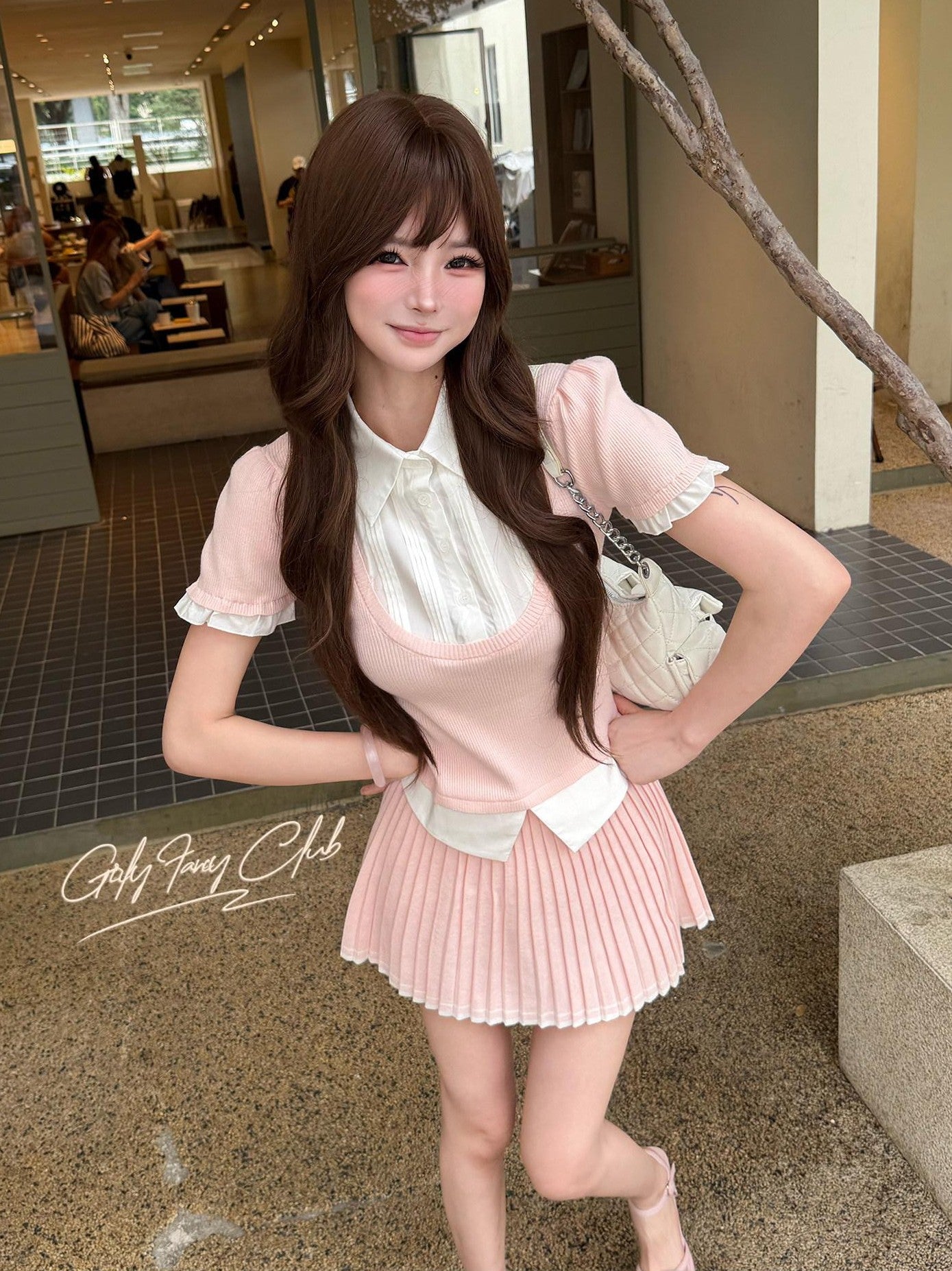 Girly Fancy Club Puff Sleeve Contrast Pleated Women's Knit Matching Skirt Sets