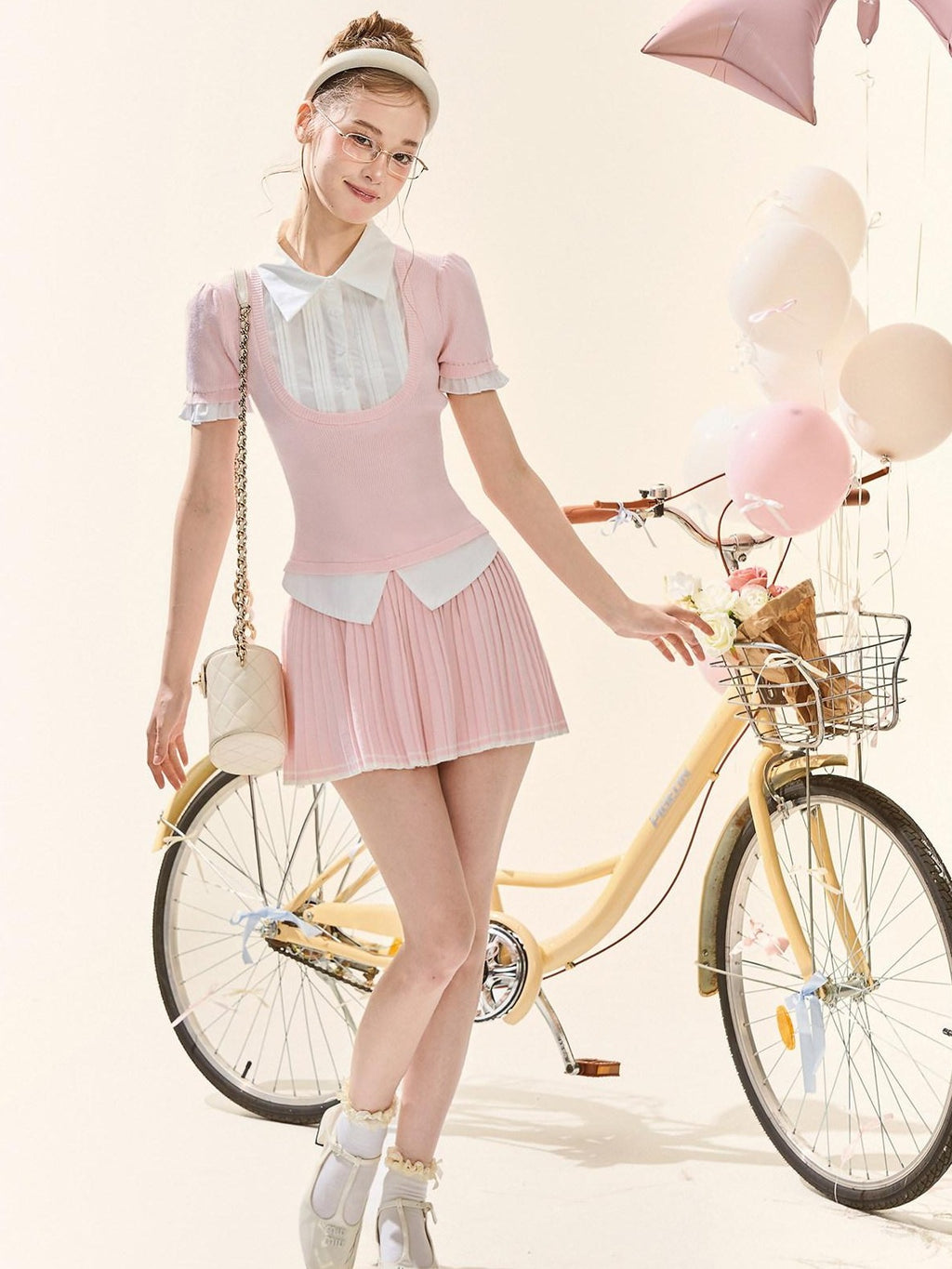 Girly Fancy Club Puff Sleeve Contrast Pleated Women's Knit Matching Skirt Sets