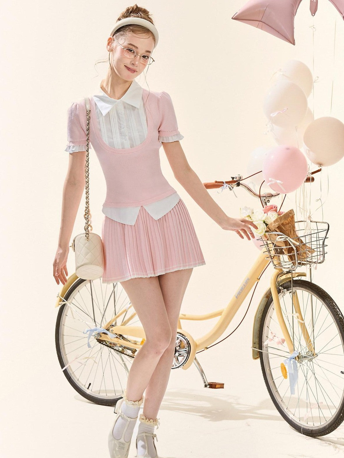 Girly Fancy Club Puff Sleeve Contrast Pleated Women's Knit Matching Skirt Sets