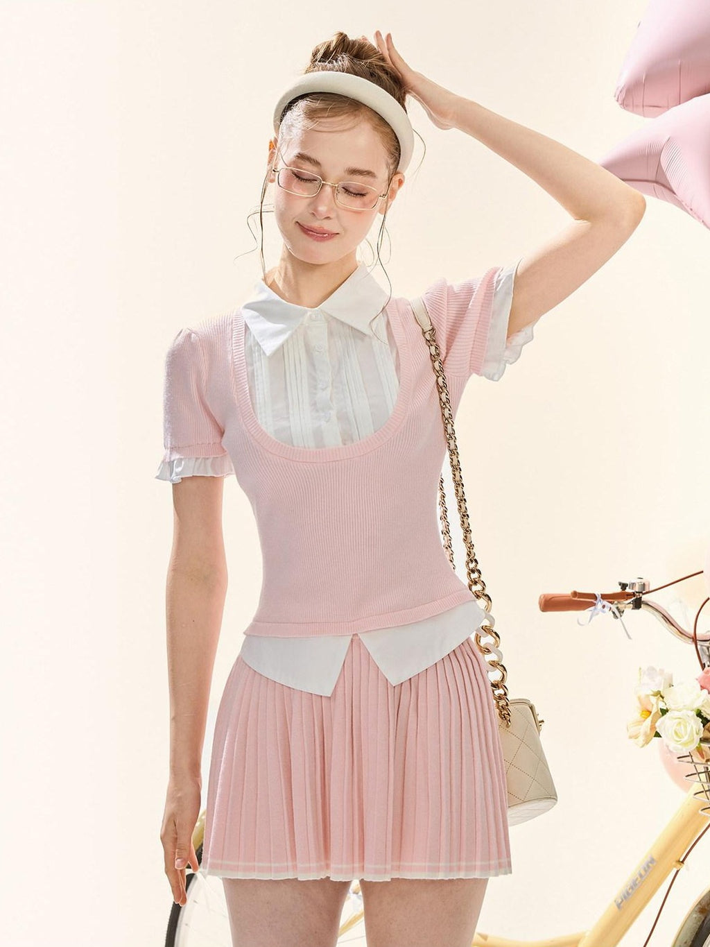 Girly Fancy Club Puff Sleeve Contrast Pleated Women's Knit Matching Skirt Sets