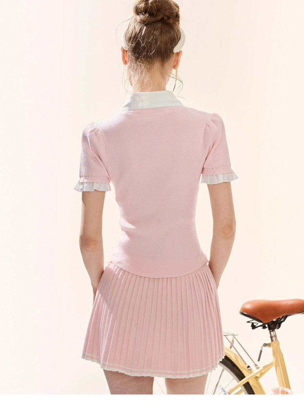 Girly Fancy Club Puff Sleeve Contrast Pleated Women's Knit Matching Skirt Sets