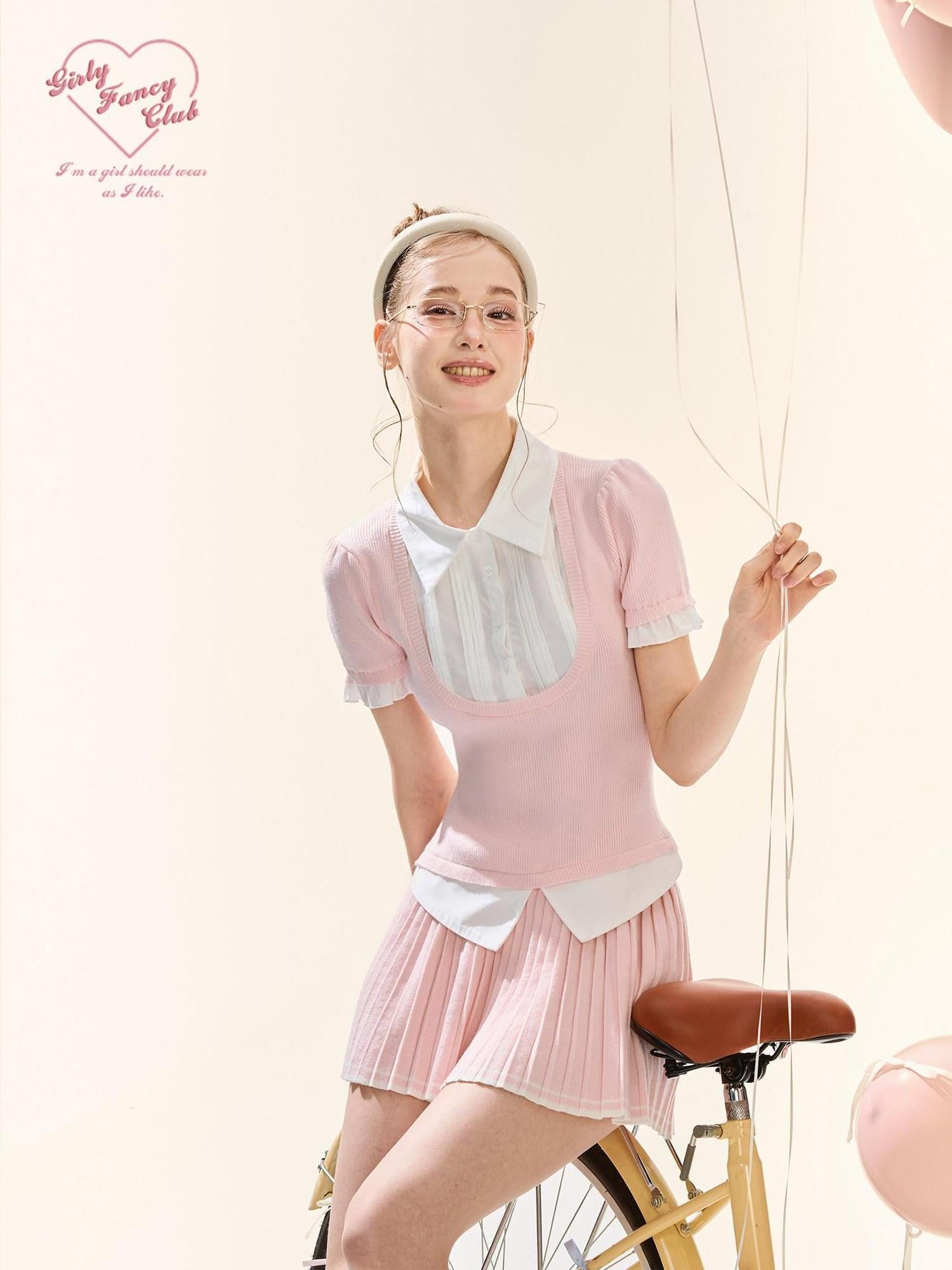 Girly Fancy Club Puff Sleeve Contrast Pleated Women's Knit Matching Skirt Sets