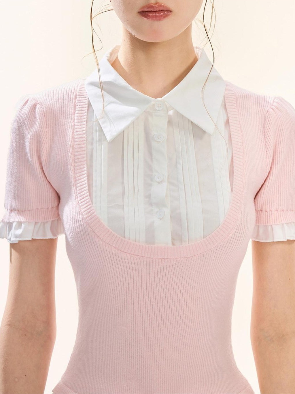Girly Fancy Club Puff Sleeve Contrast Pleated Women's Knit Matching Skirt Sets