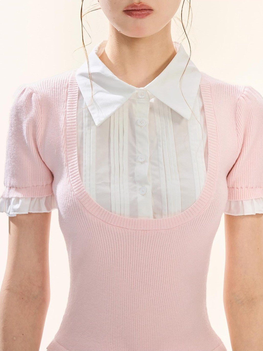 Girly Fancy Club Puff Sleeve Contrast Pleated Women's Knit Matching Skirt Sets