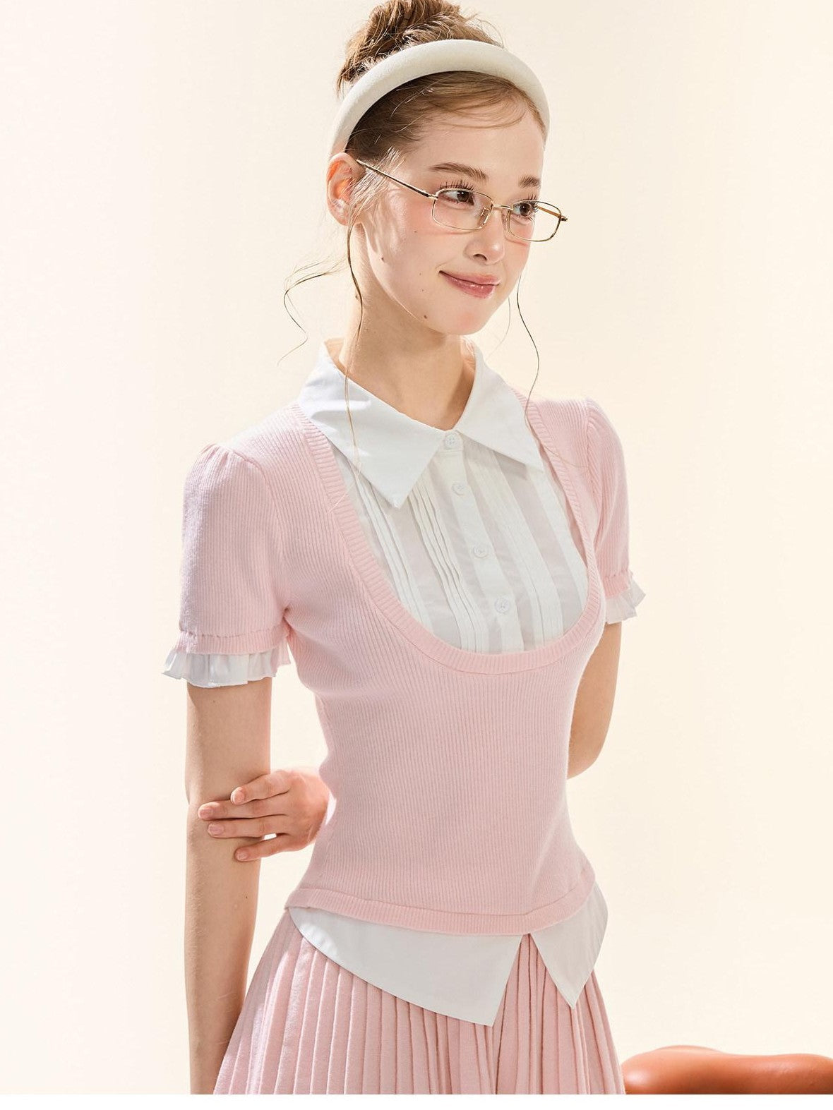 Girly Fancy Club Puff Sleeve Contrast Pleated Women's Knit Matching Skirt Sets