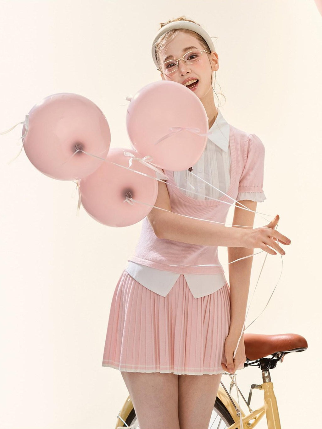 Girly Fancy Club Puff Sleeve Contrast Pleated Women's Knit Matching Skirt Sets