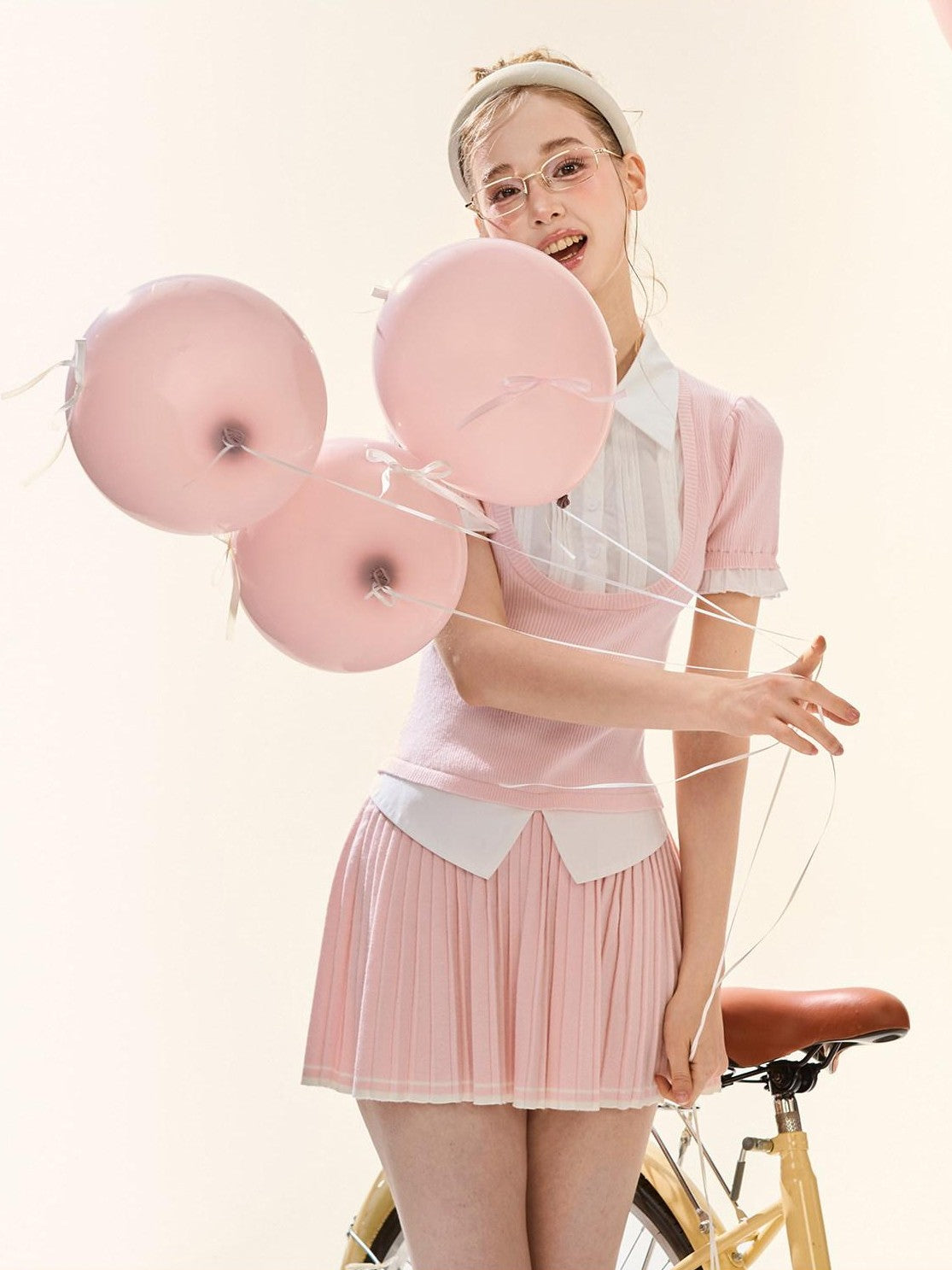Girly Fancy Club Puff Sleeve Contrast Pleated Women's Knit Matching Skirt Sets