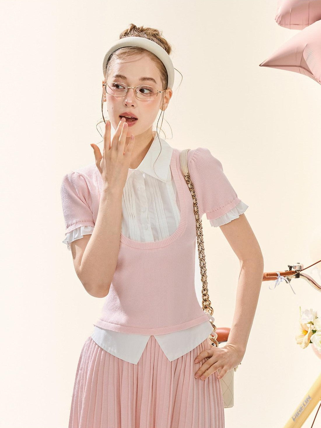 Girly Fancy Club Puff Sleeve Contrast Pleated Women's Knit Matching Skirt Sets