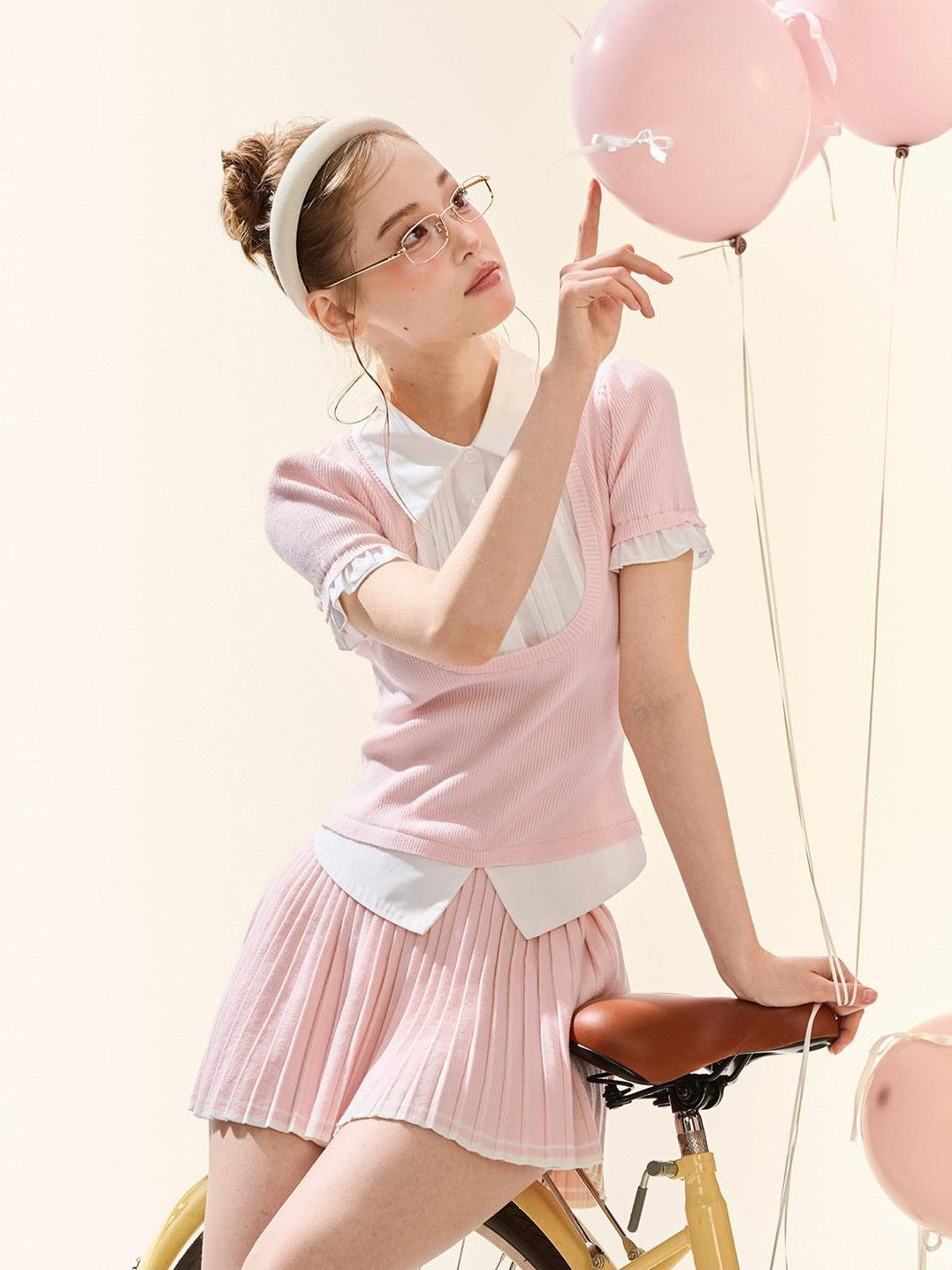 Girly Fancy Club Puff Sleeve Contrast Pleated Women's Knit Matching Skirt Sets