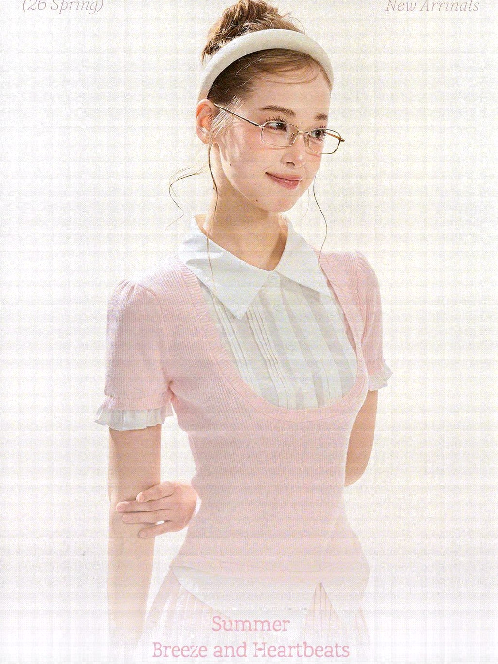 Girly Fancy Club Puff Sleeve Contrast Pleated Women's Knit Matching Skirt Sets