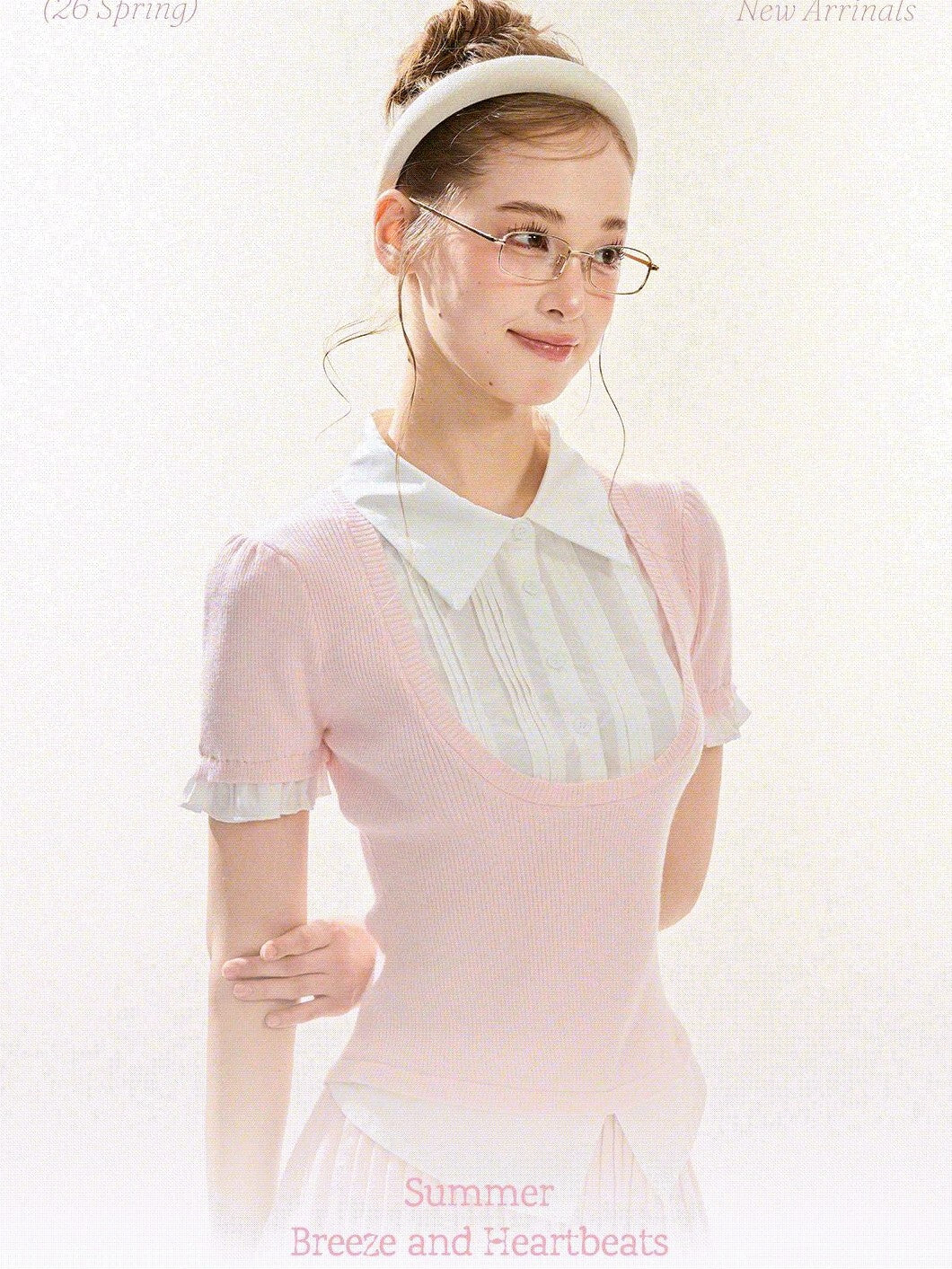 Girly Fancy Club Puff Sleeve Contrast Pleated Women's Knit Matching Skirt Sets