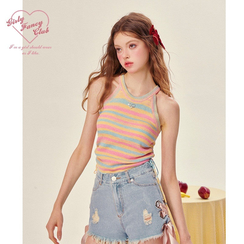 Girly_Fancy_Club_Rainbow_Striped_Knit_Halter_Ruched_Women's_Polyester_Acrylic_Blend_Tank_Tops_797705722880_MISSTT