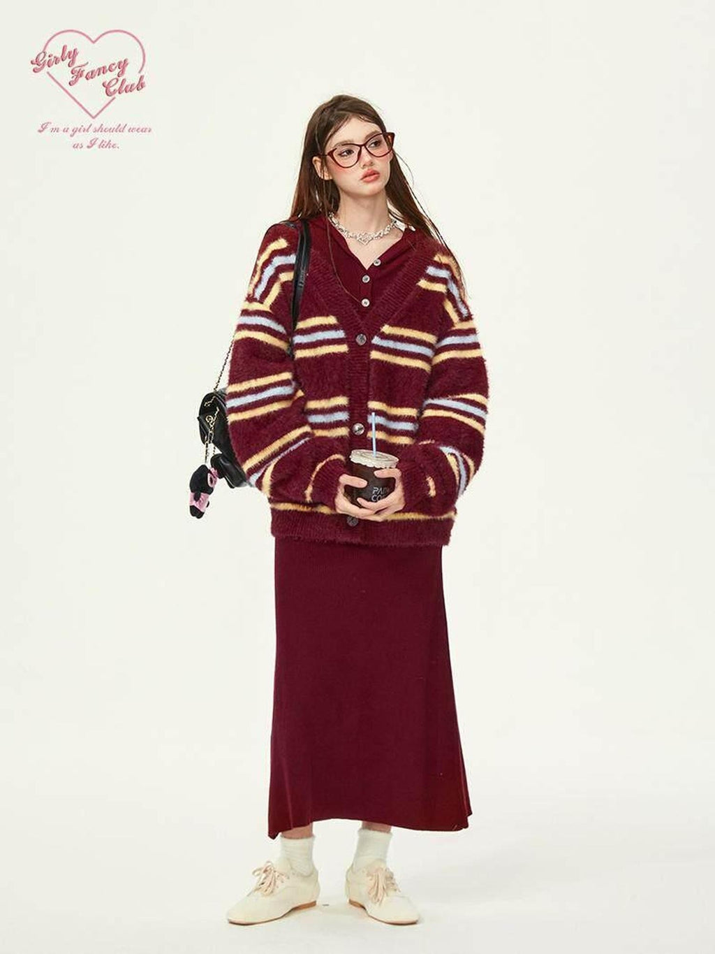 Girly Fancy Club Red Striped V-neck Button Dropped Shoulder Women's Nylon Knit Top & Pants Sets