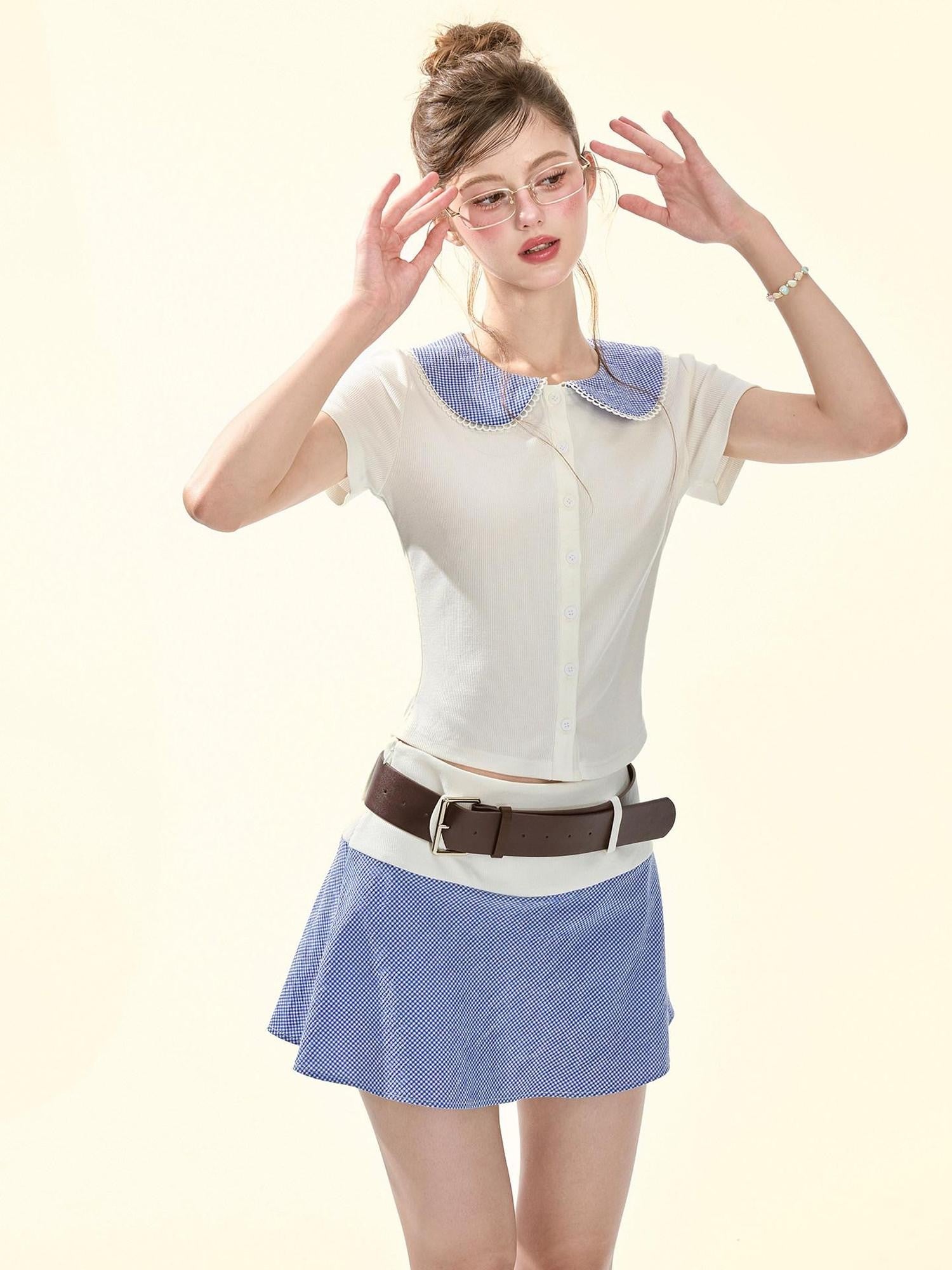 Girly Fancy Club Retro Plaid Doll Collar Belt Splice Women's Poly Cotton Casual Top & Shorts Sets