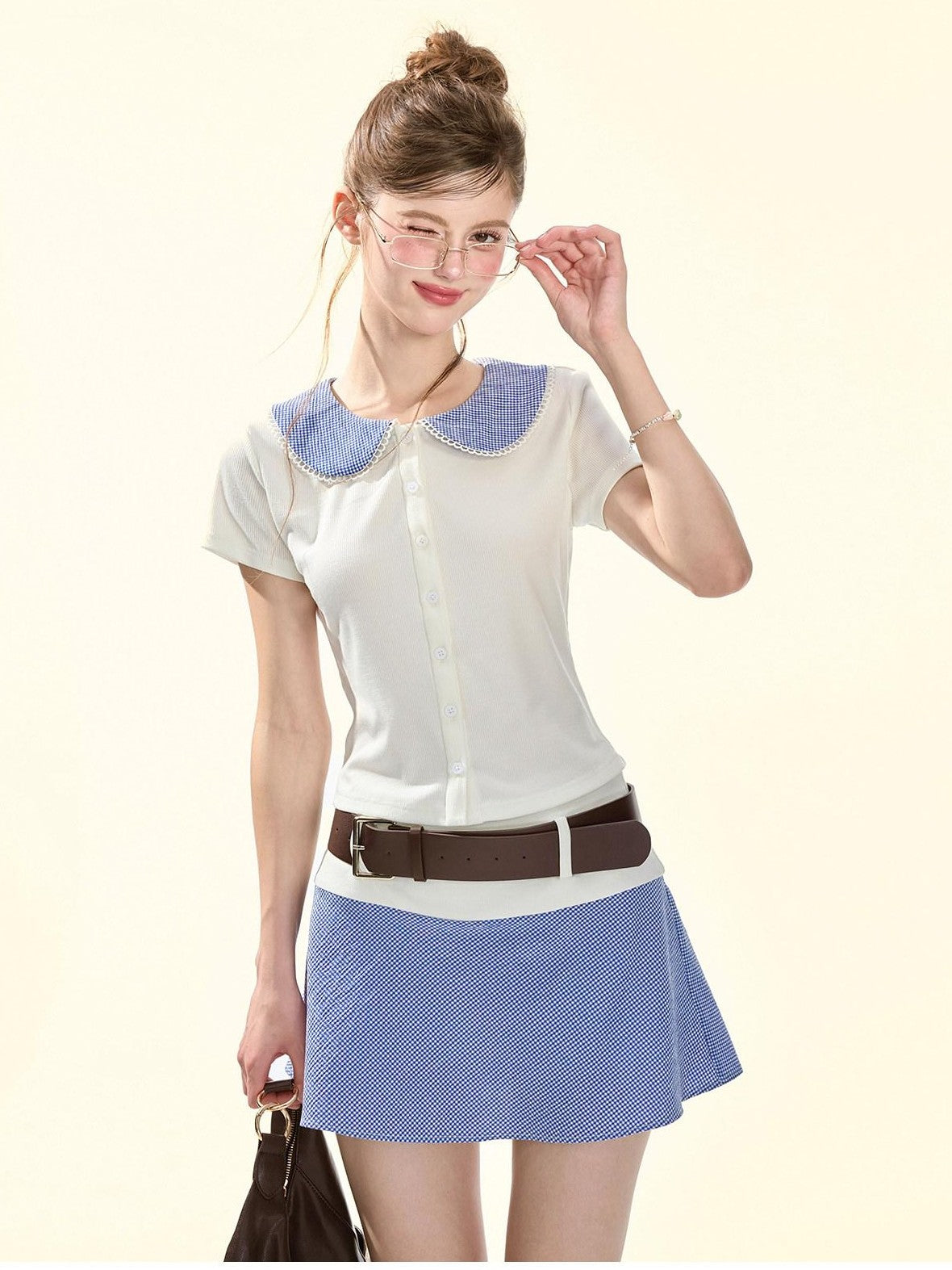 Girly Fancy Club Retro Plaid Doll Collar Belt Splice Women's Poly Cotton Casual Top & Shorts Sets