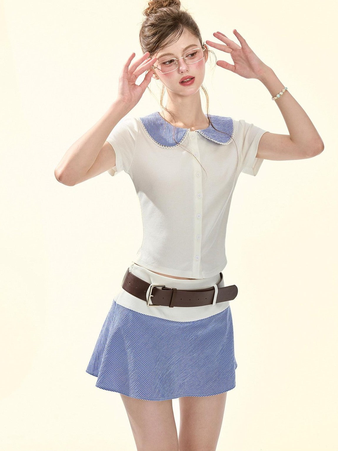 Girly Fancy Club Retro Plaid Doll Collar Belt Splice Women's Poly Cotton Casual Top & Shorts Sets