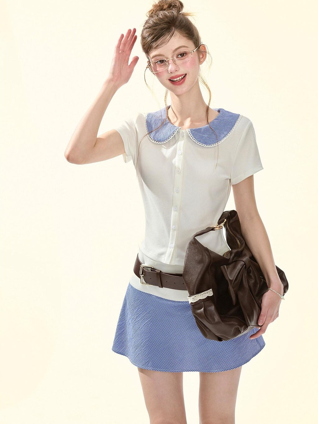 Girly Fancy Club Retro Plaid Doll Collar Belt Splice Women's Poly Cotton Casual Top & Shorts Sets
