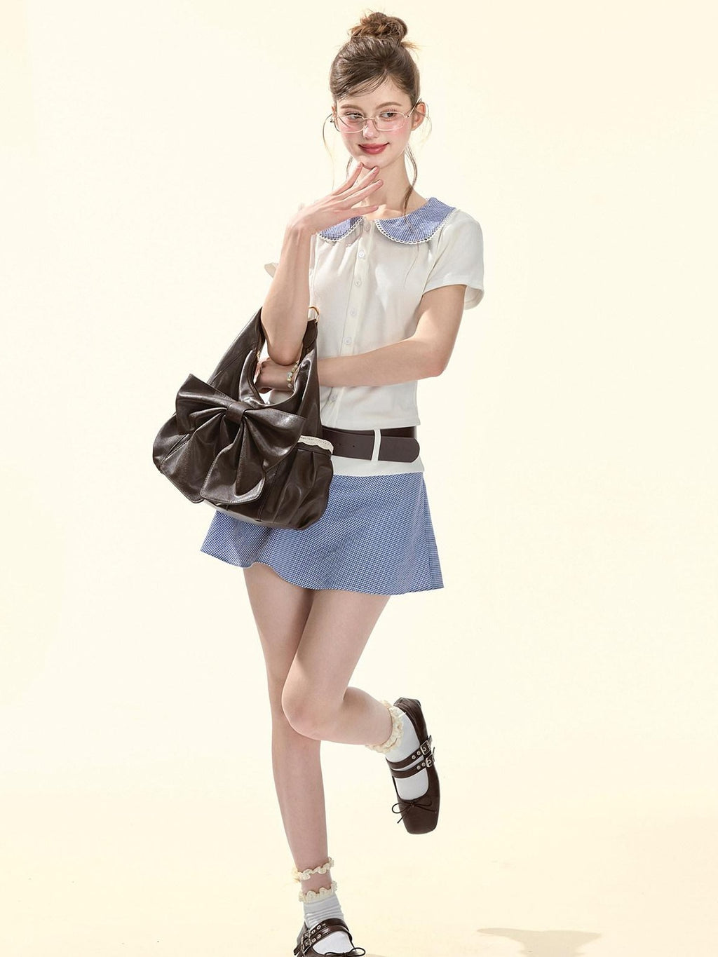 Girly Fancy Club Retro Plaid Doll Collar Belt Splice Women's Poly Cotton Casual Top & Shorts Sets