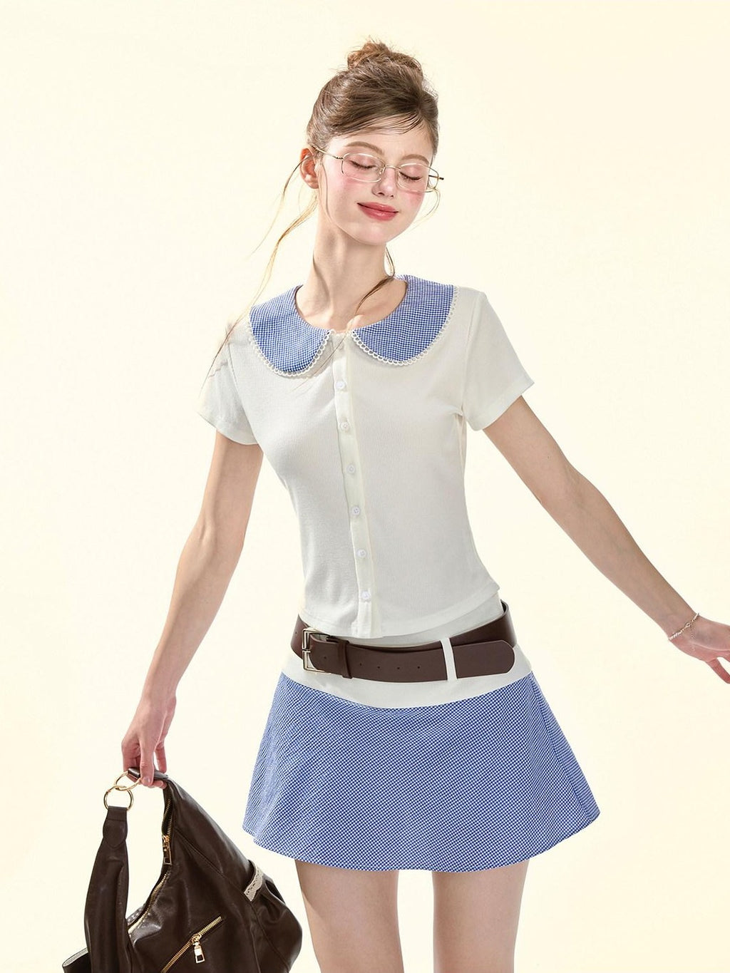 Girly Fancy Club Retro Plaid Doll Collar Belt Splice Women's Poly Cotton Casual Top & Shorts Sets