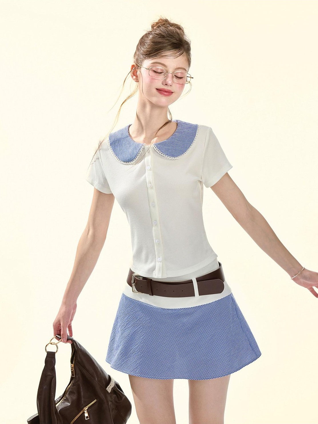 Girly Fancy Club Retro Plaid Doll Collar Belt Splice Women's Poly Cotton Casual Top & Shorts Sets
