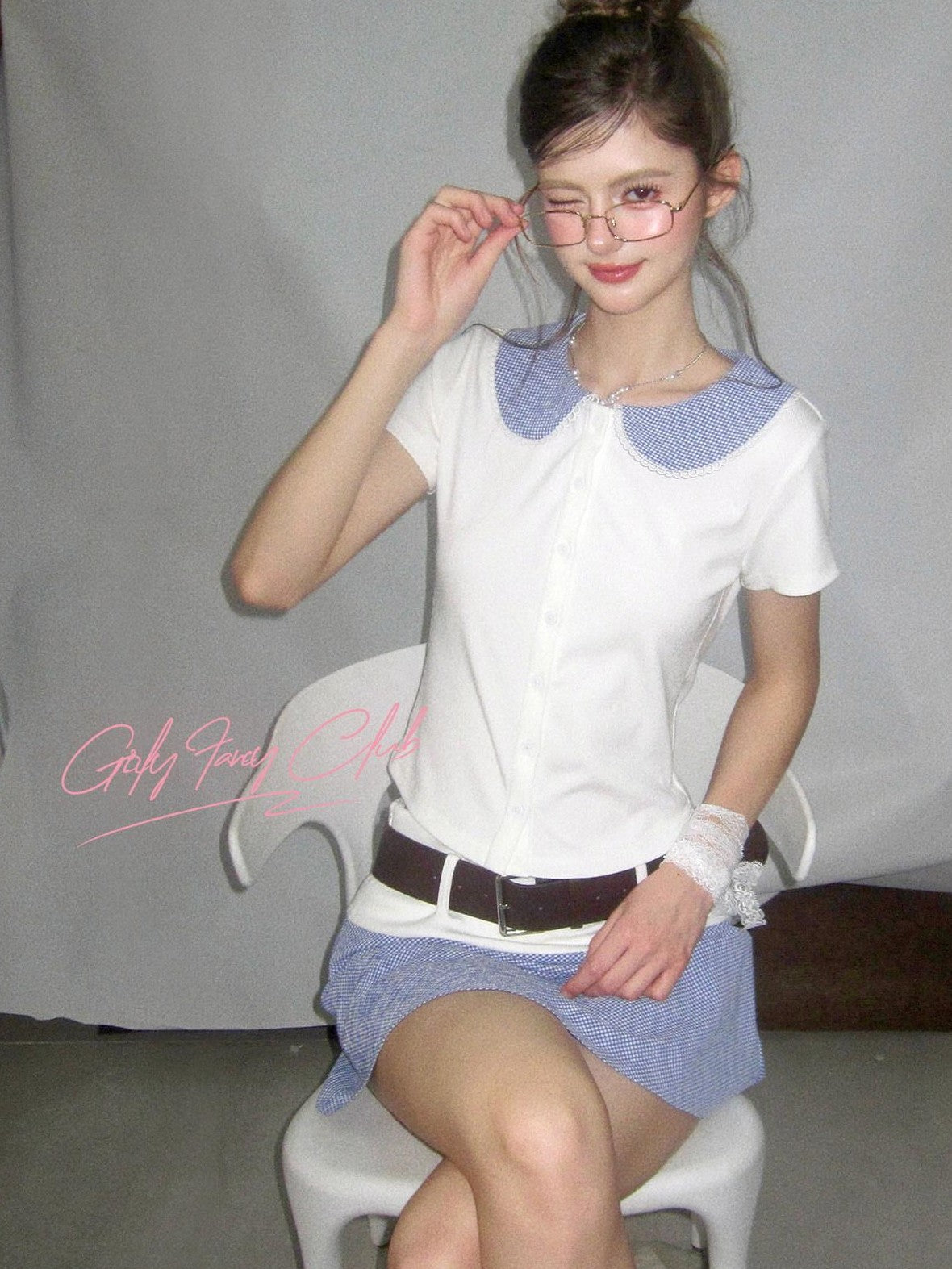 Girly Fancy Club Retro Plaid Doll Collar Belt Splice Women's Poly Cotton Casual Top & Shorts Sets