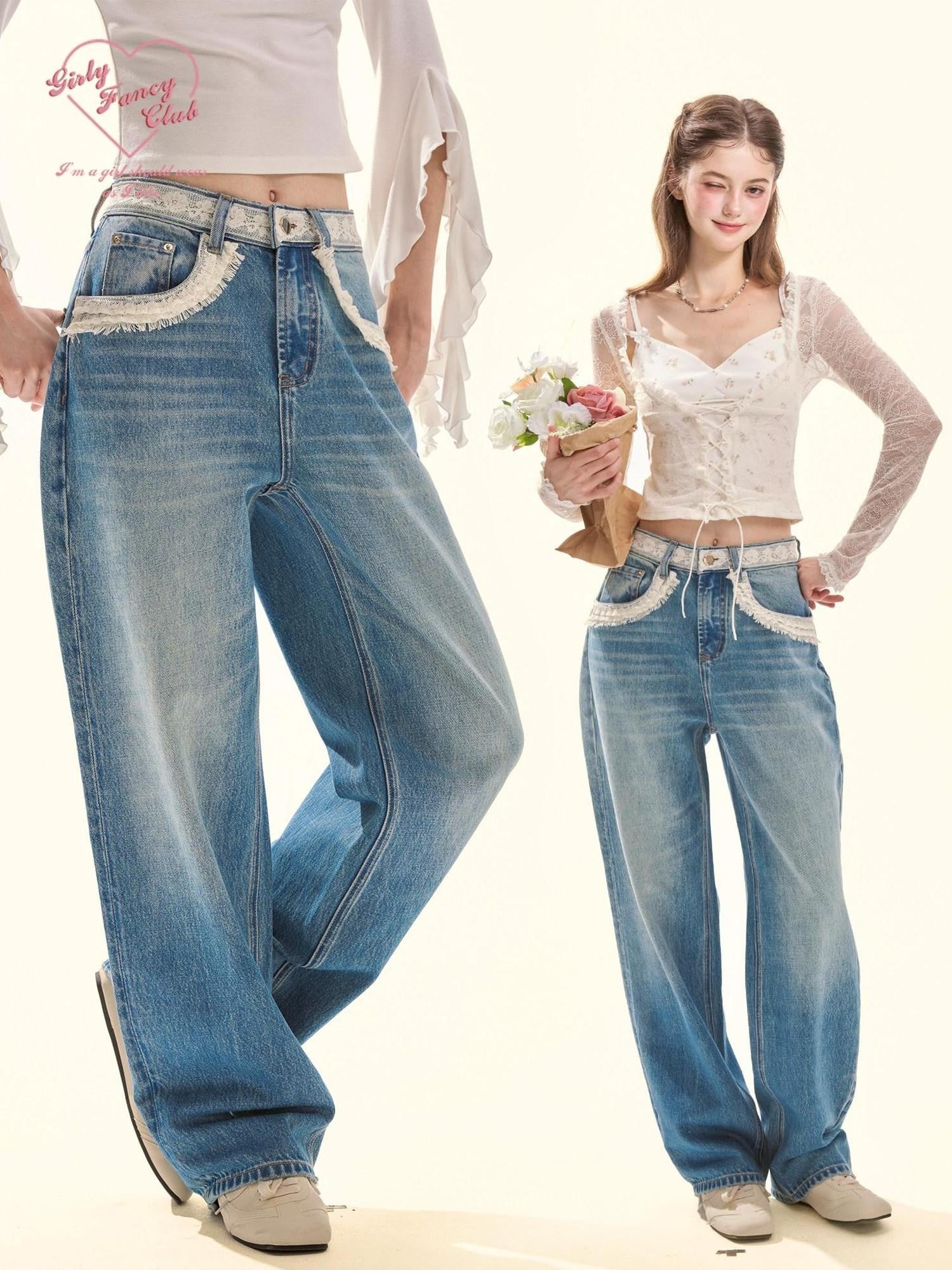 Girly Fancy Club Retro Washed Blue Lace Splice Women's Cotton Lyocell Baggy Jeans