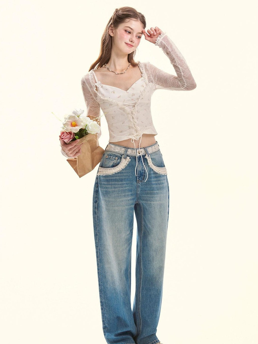 Girly Fancy Club Retro Washed Blue Lace Splice Women's Cotton Lyocell Baggy Jeans
