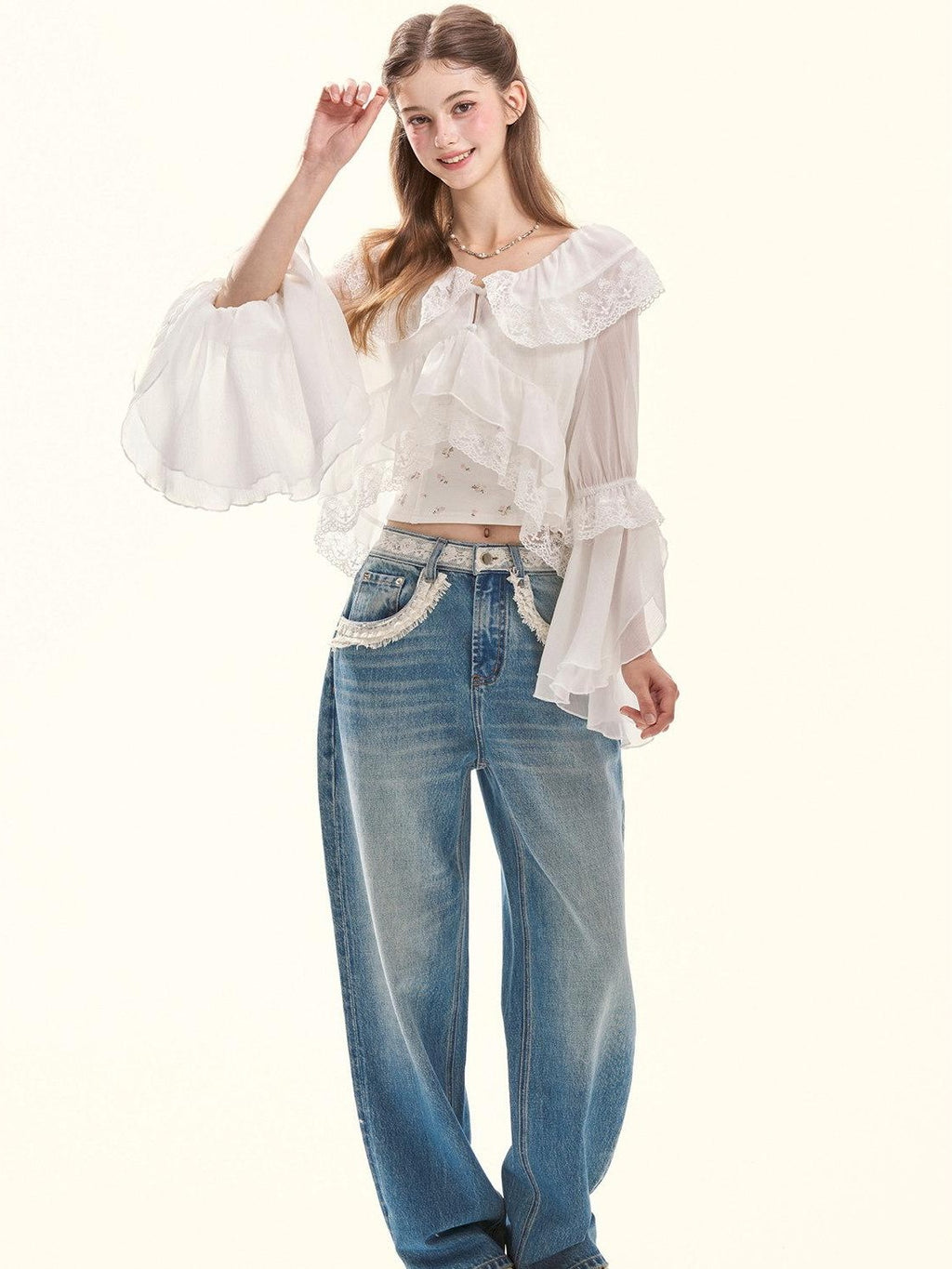 Girly Fancy Club Retro Washed Blue Lace Splice Women's Cotton Lyocell Baggy Jeans