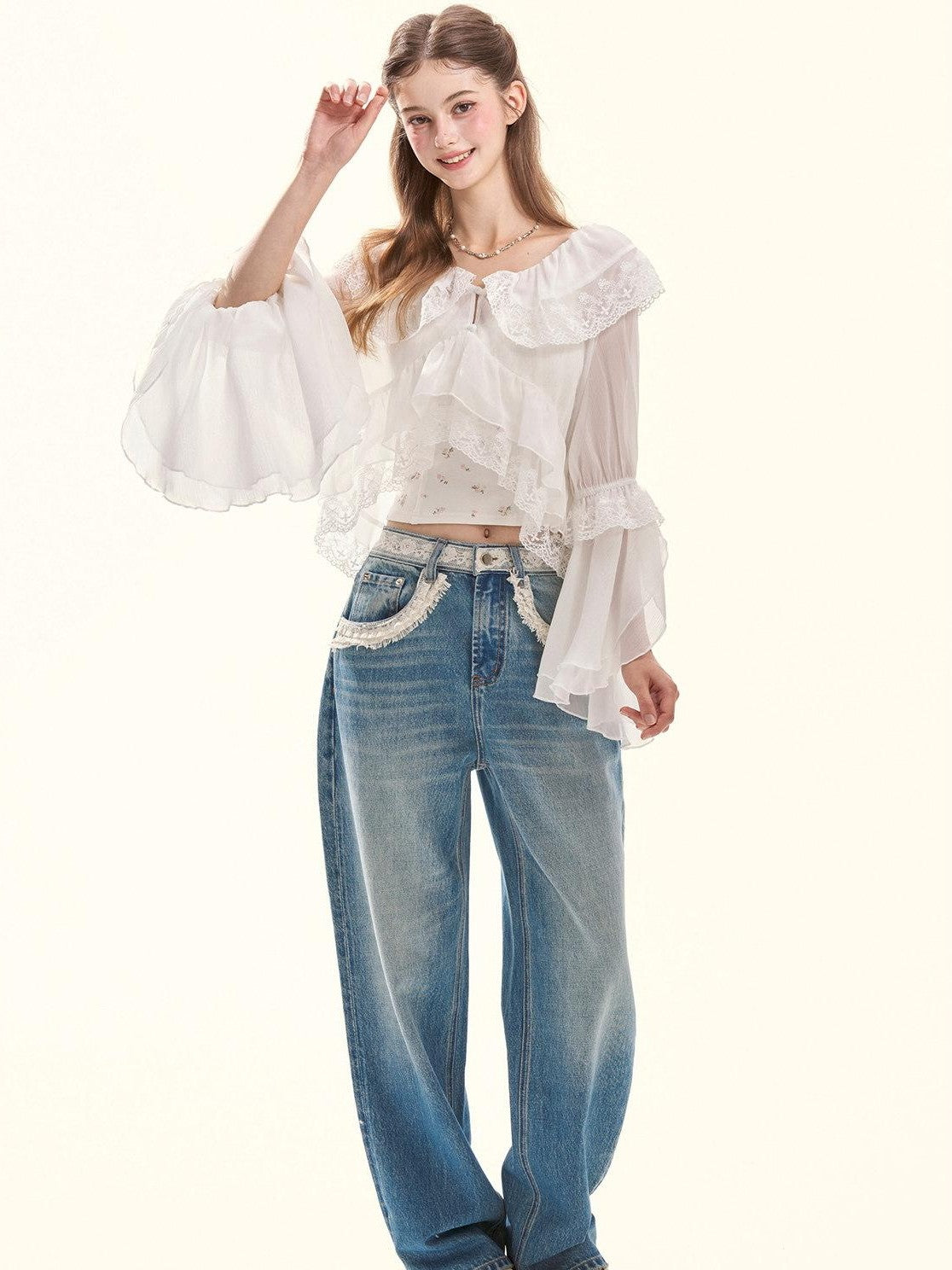 Girly Fancy Club Retro Washed Blue Lace Splice Women's Cotton Lyocell Baggy Jeans