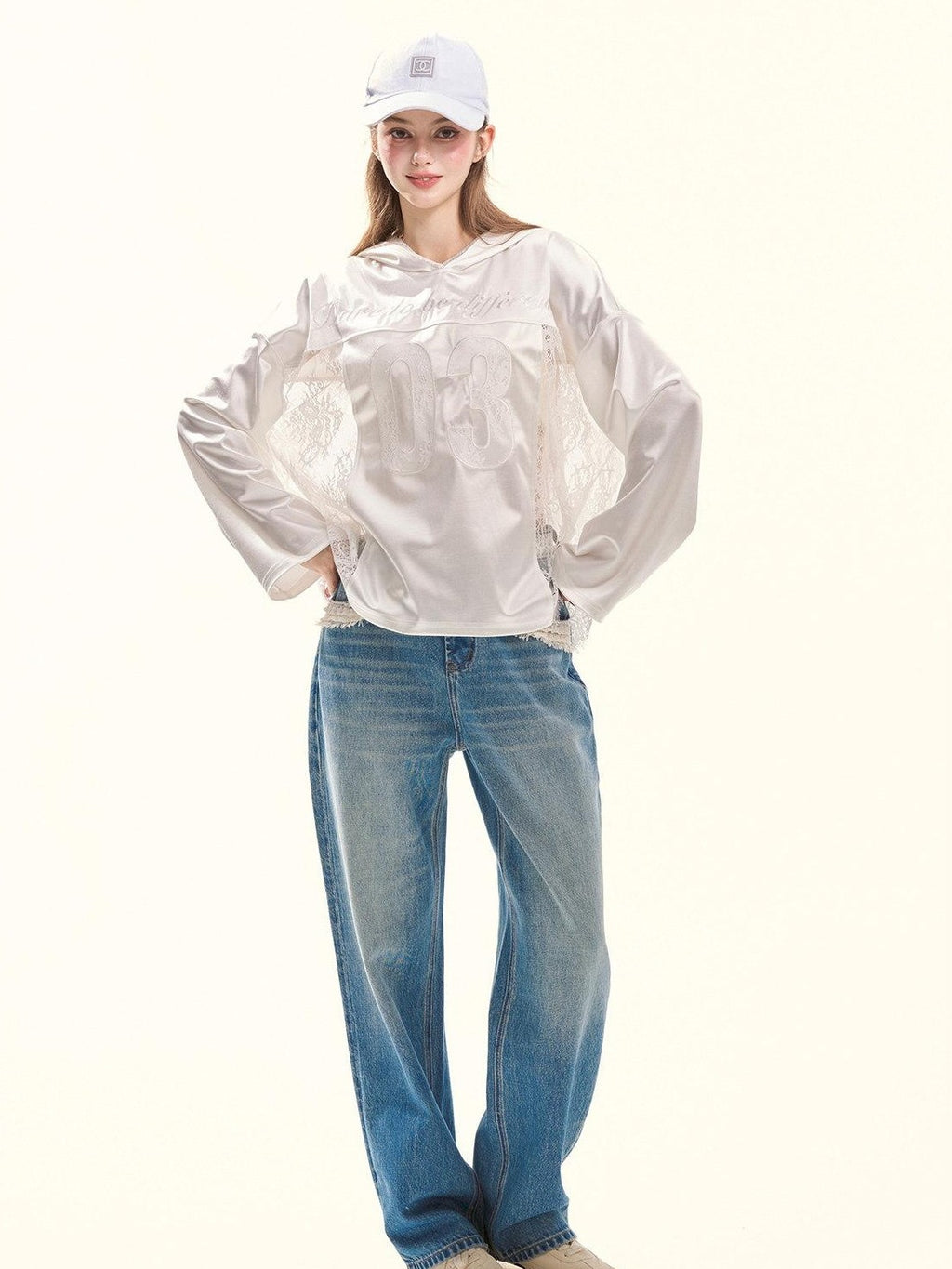 Girly Fancy Club Retro Washed Blue Lace Splice Women's Cotton Lyocell Baggy Jeans