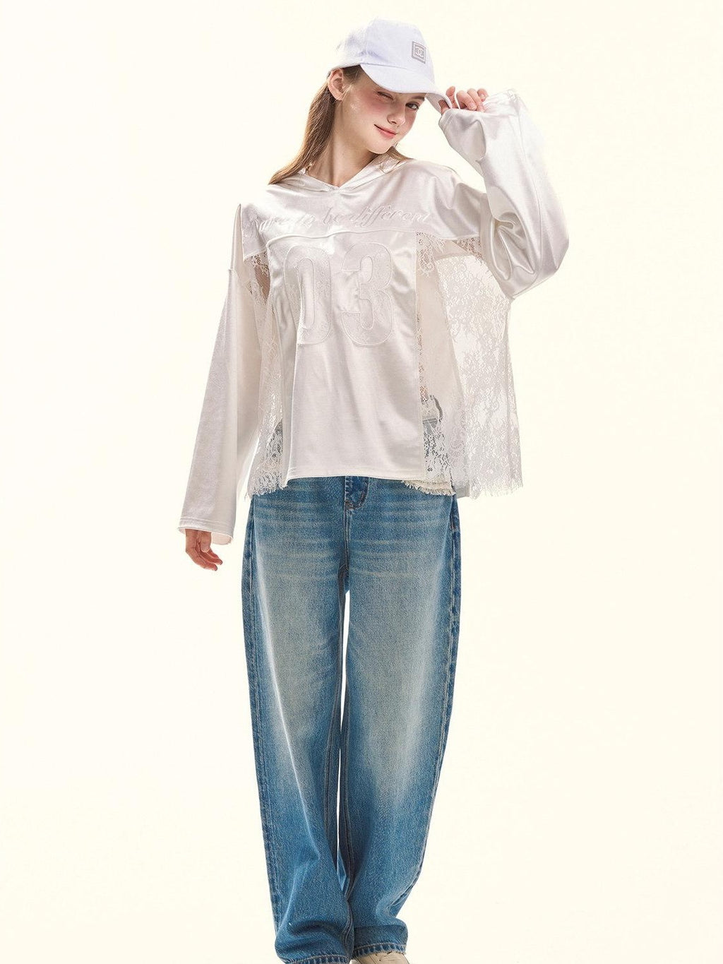 Girly Fancy Club Retro Washed Blue Lace Splice Women's Cotton Lyocell Baggy Jeans