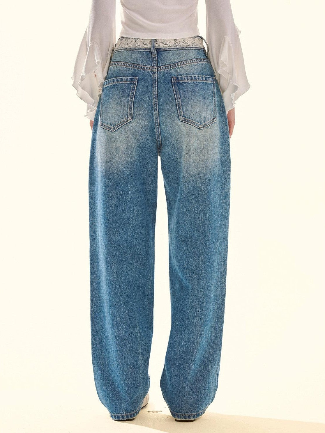 Girly Fancy Club Retro Washed Blue Lace Splice Women's Cotton Lyocell Baggy Jeans