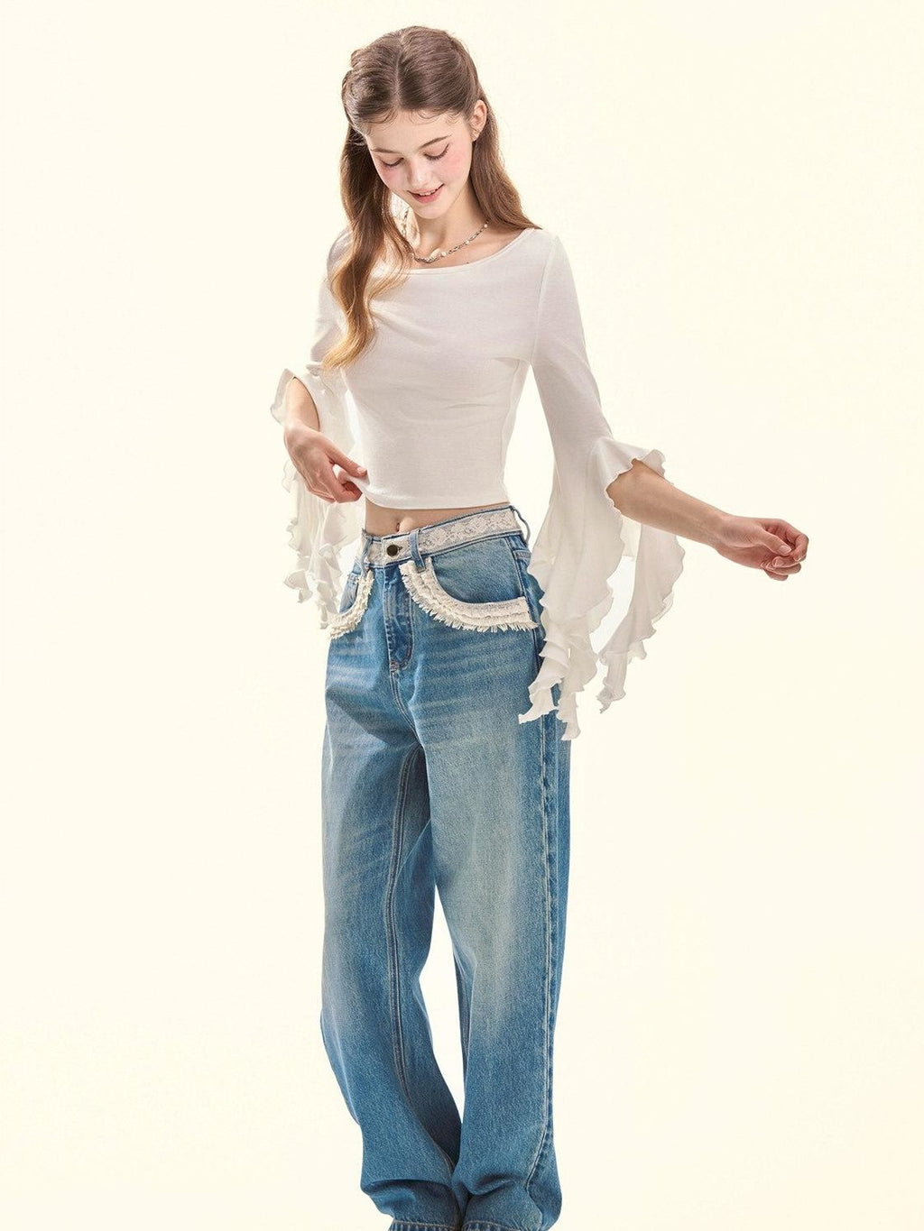 Girly Fancy Club Retro Washed Blue Lace Splice Women's Cotton Lyocell Baggy Jeans