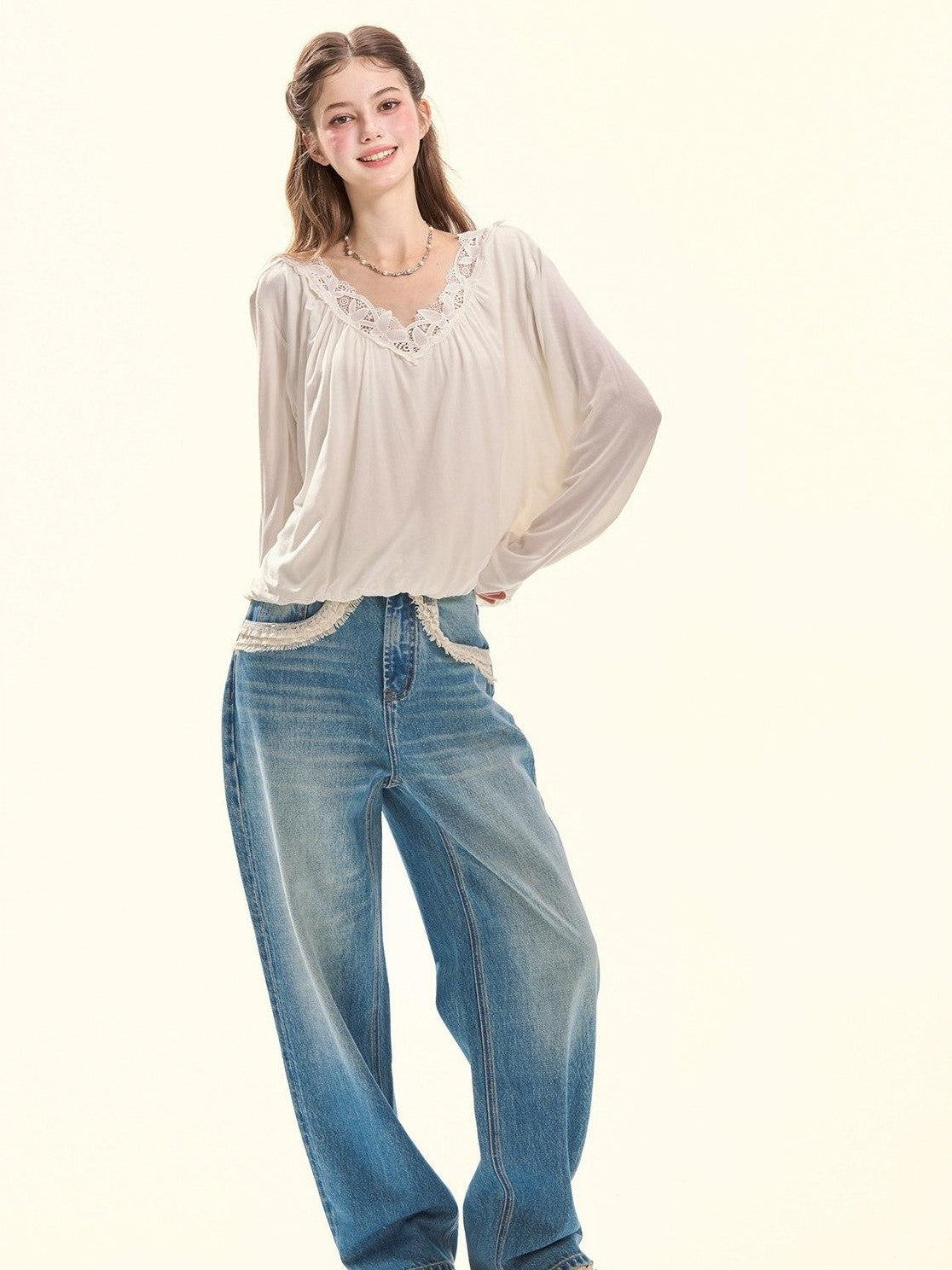 Girly Fancy Club Retro Washed Blue Lace Splice Women's Cotton Lyocell Baggy Jeans