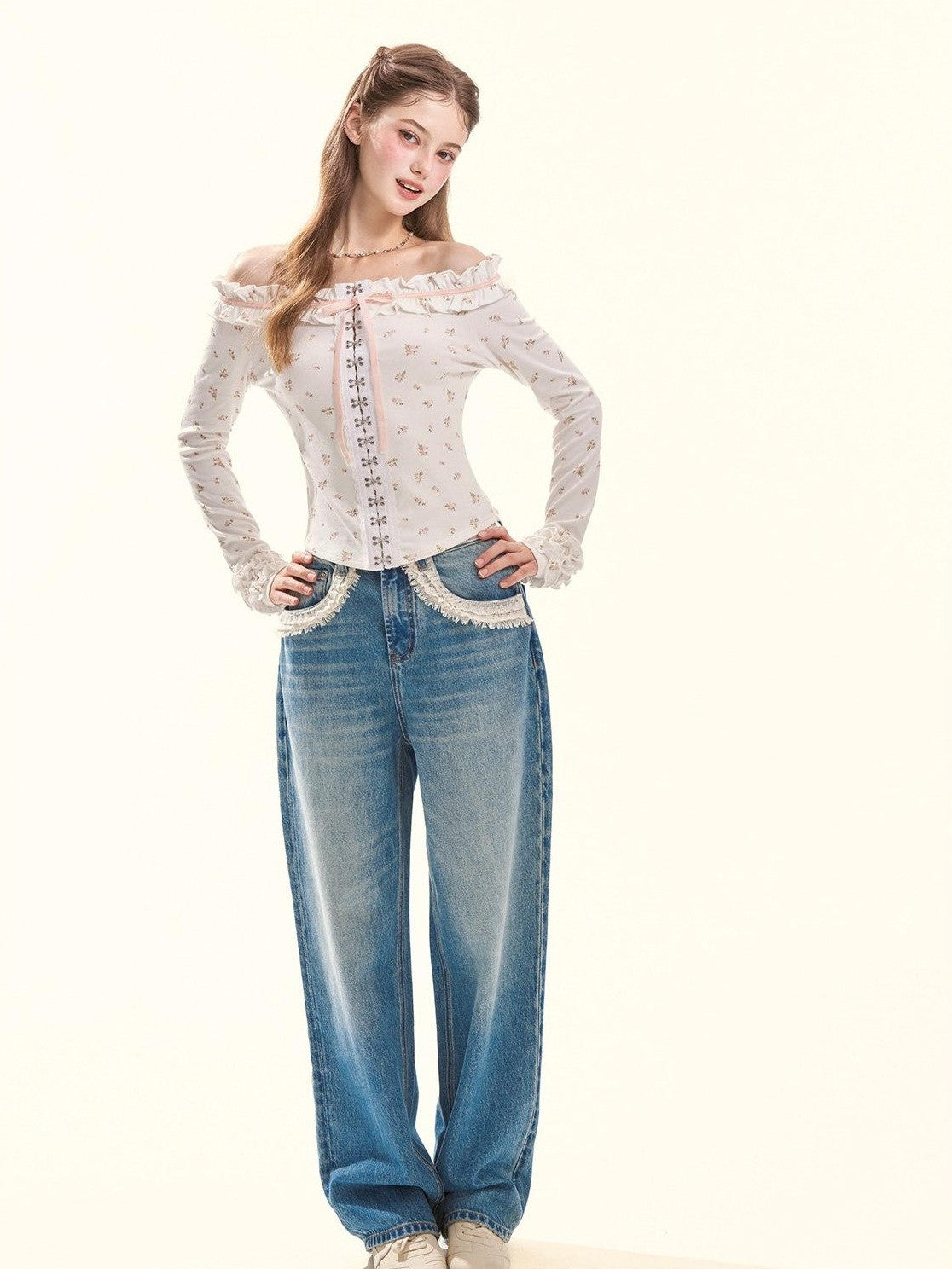 Girly Fancy Club Retro Washed Blue Lace Splice Women's Cotton Lyocell Baggy Jeans
