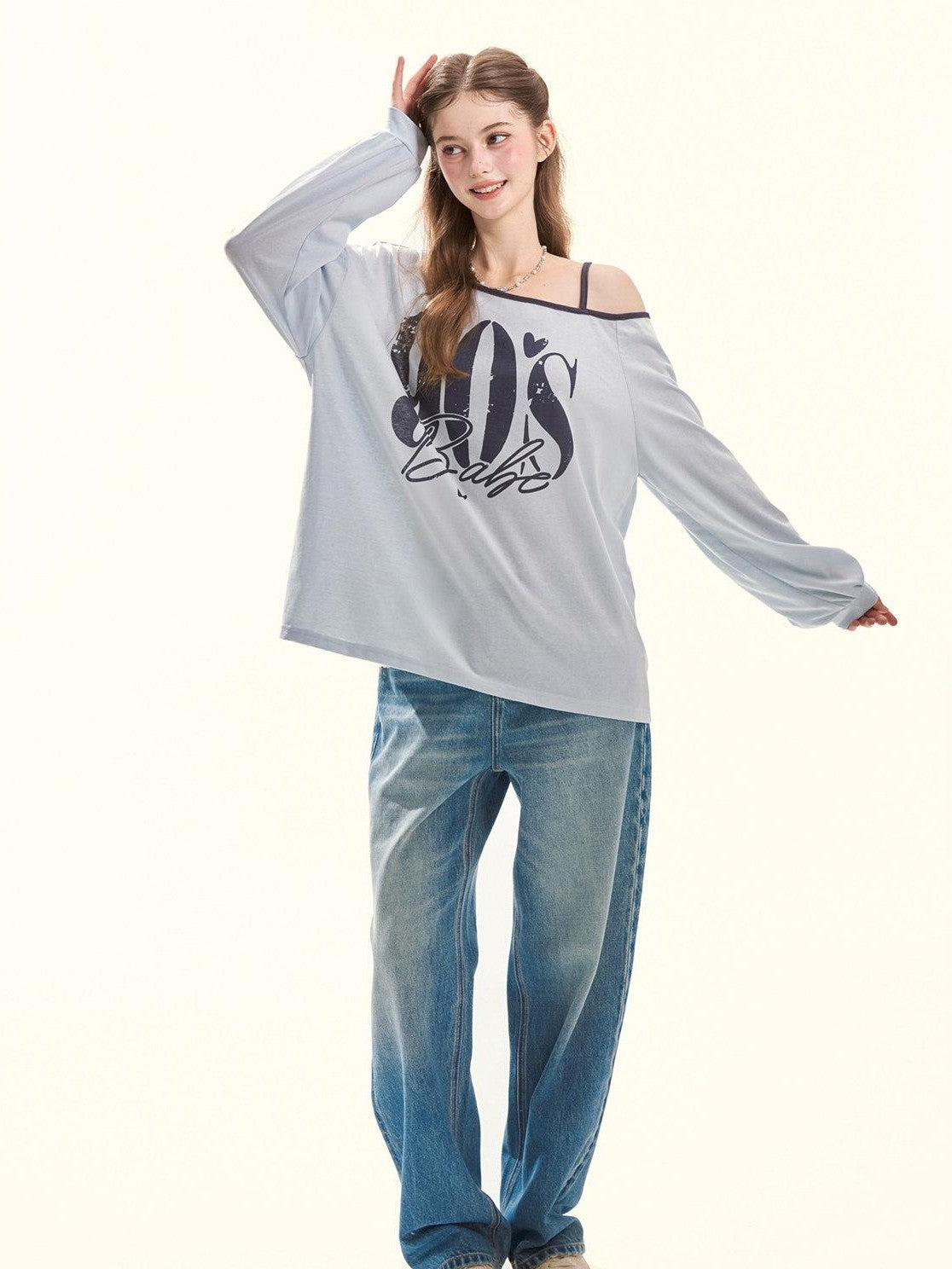 Girly Fancy Club Retro Washed Blue Lace Splice Women's Cotton Lyocell Baggy Jeans