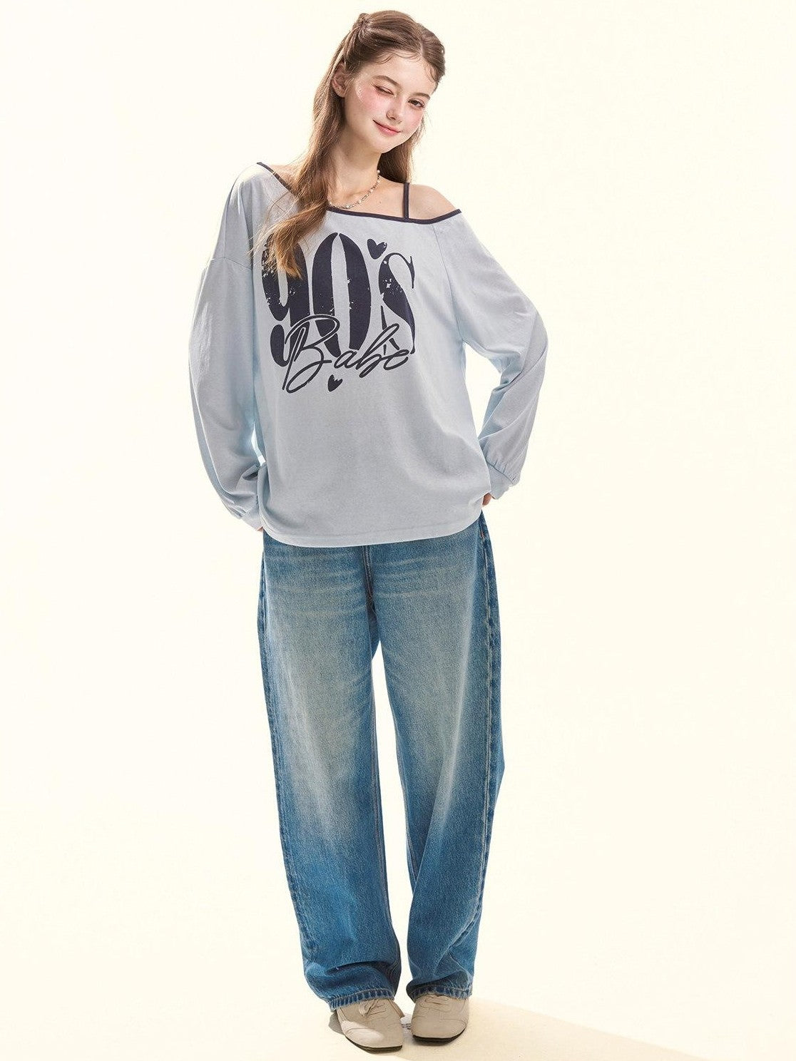 Girly Fancy Club Retro Washed Blue Lace Splice Women's Cotton Lyocell Baggy Jeans