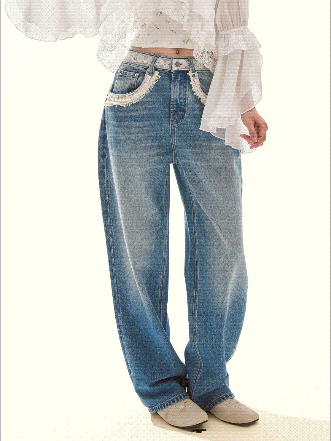 Girly Fancy Club Retro Washed Blue Lace Splice Women's Cotton Lyocell Baggy Jeans