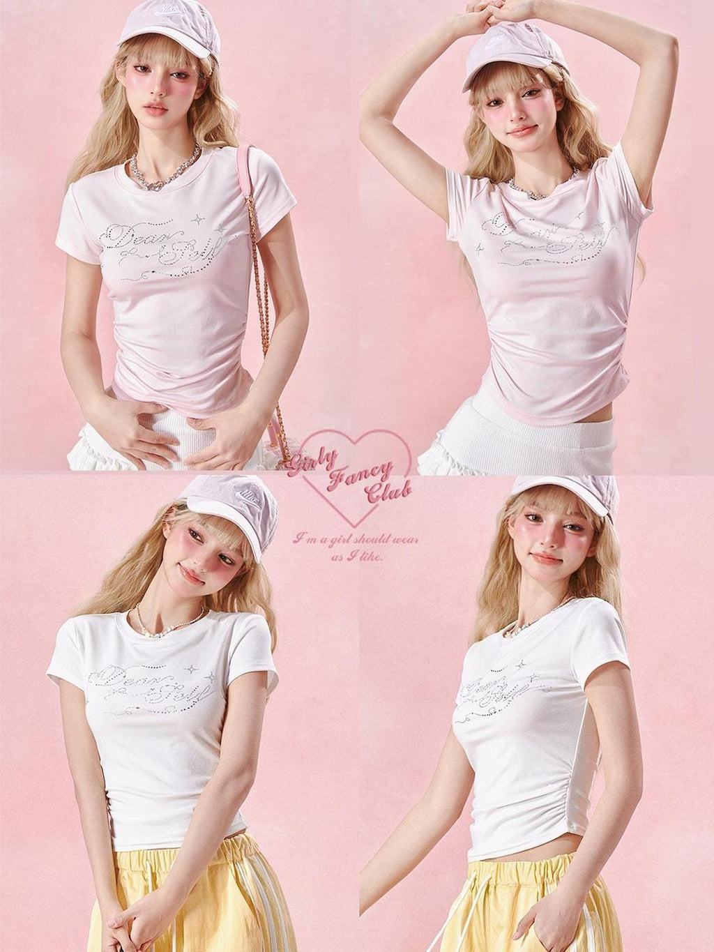 Girly Fancy Club Rhinestone Lettering Ruched Waist Women's Cotton Short Sleeve T-shirts